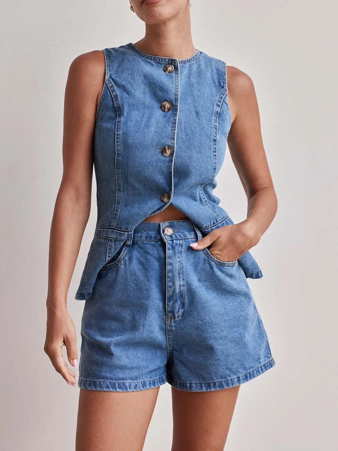 Button Down Vest and Shorts Denim Set - tif-shop24.de