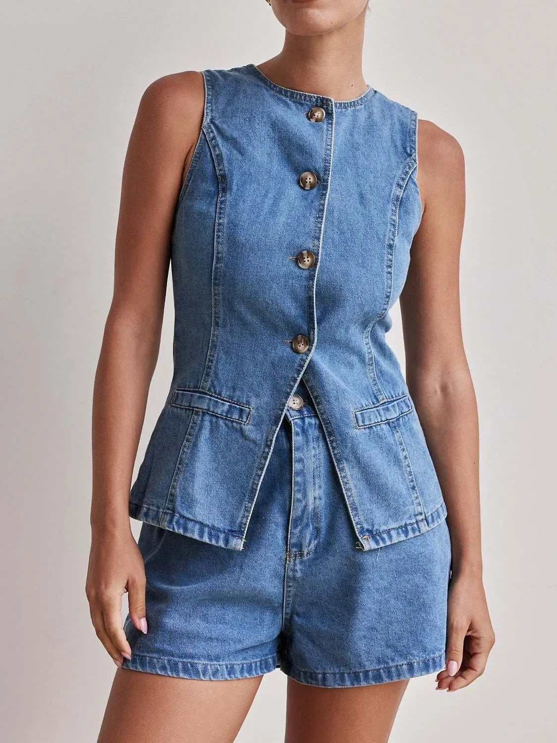 Button Down Vest and Shorts Denim Set - tif-shop24.de
