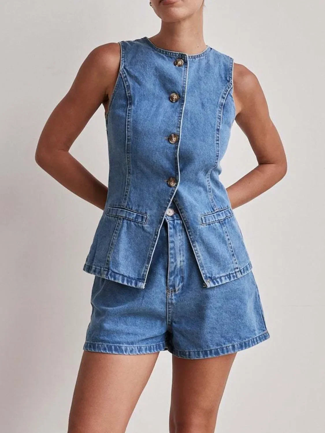 Button Down Vest and Shorts Denim Set - tif-shop24.de