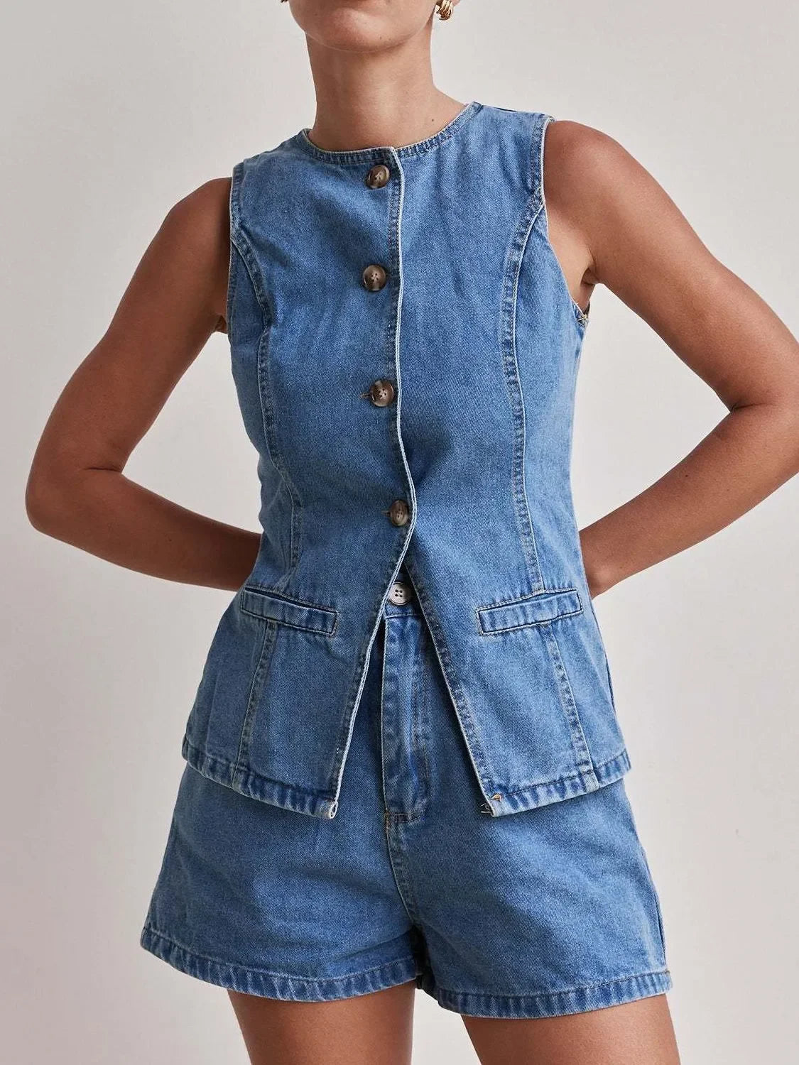 Button Down Vest and Shorts Denim Set - tif-shop24.de