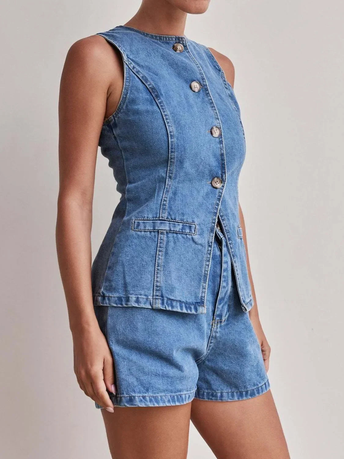 Button Down Vest and Shorts Denim Set - tif-shop24.de