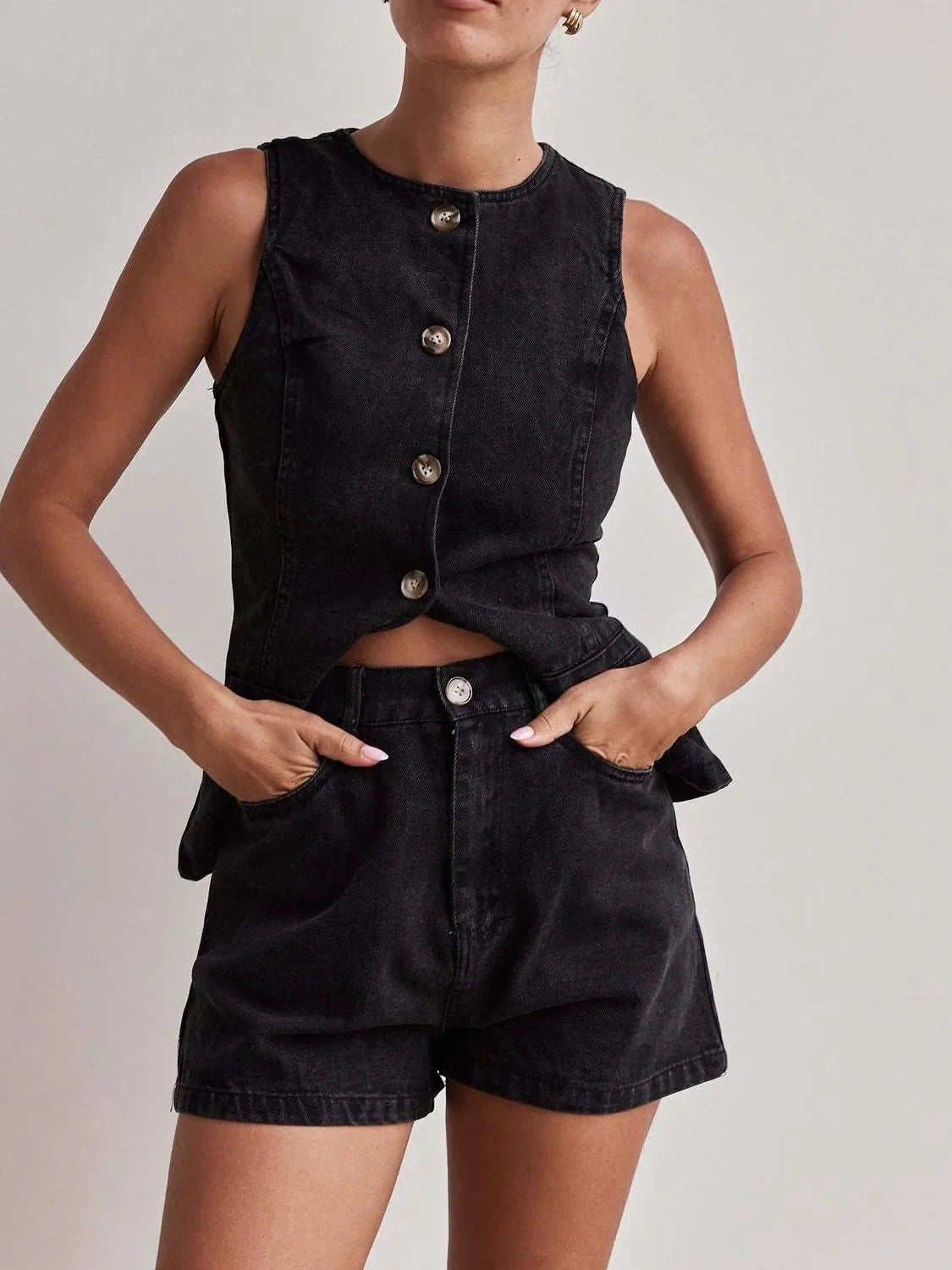 Button Down Vest and Shorts Denim Set - tif-shop24.de