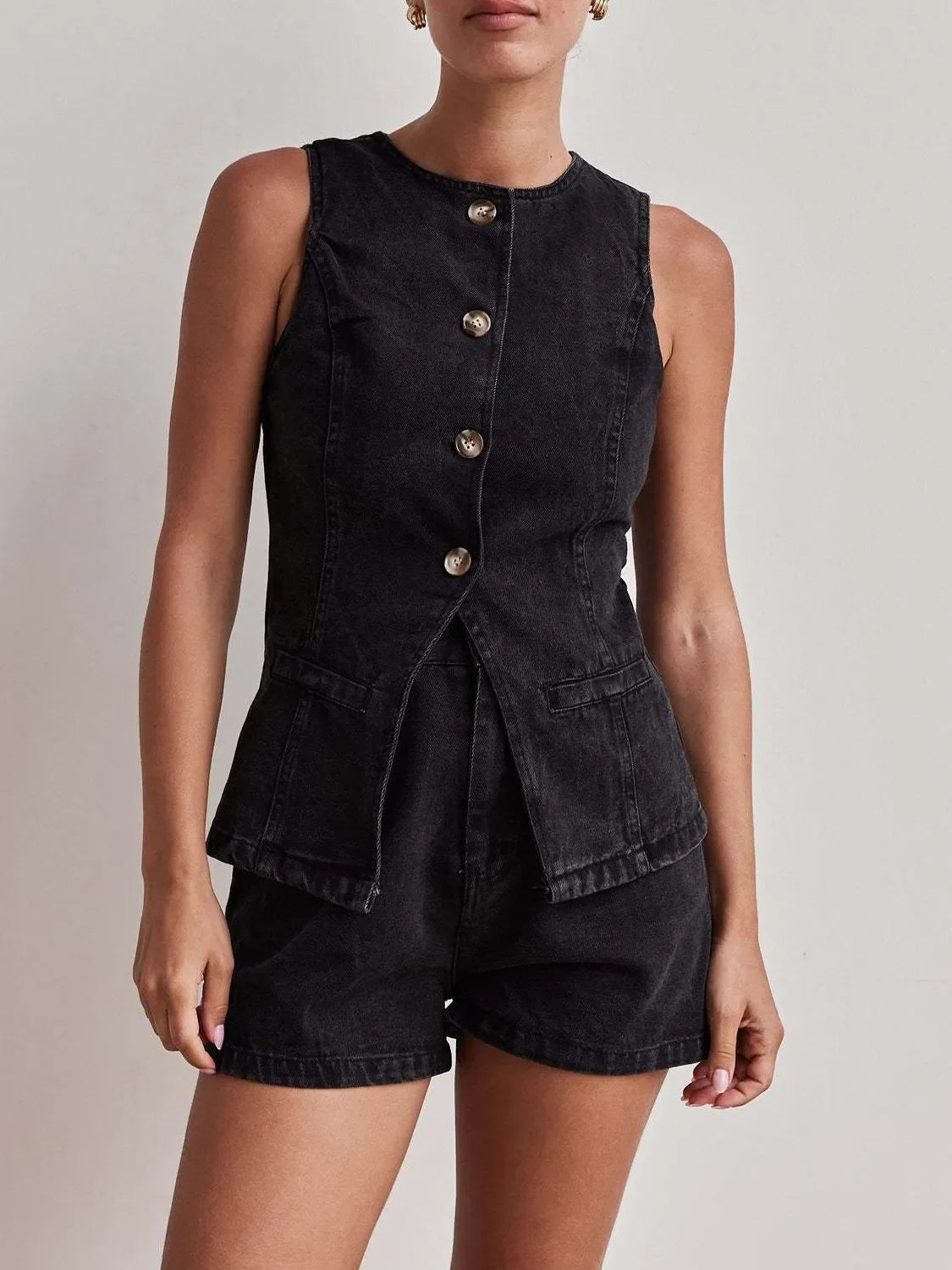 Button Down Vest and Shorts Denim Set - tif-shop24.de