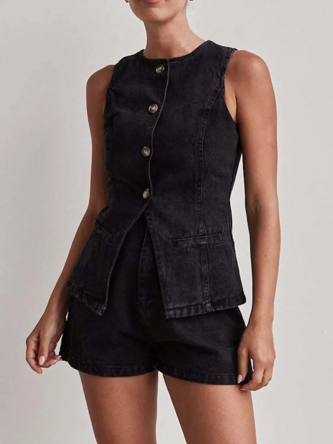 Button Down Vest and Shorts Denim Set - tif-shop24.de
