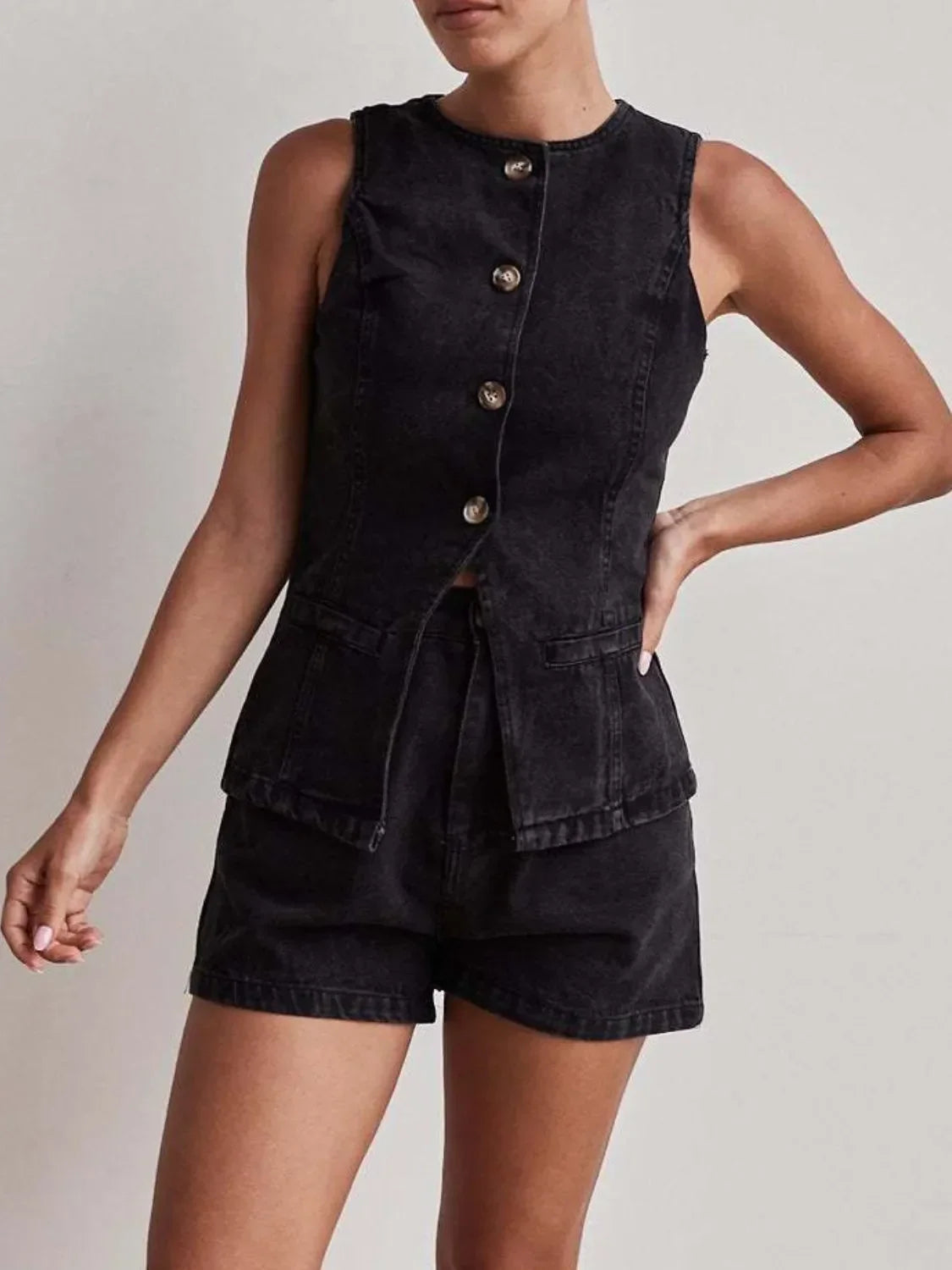 Button Down Vest and Shorts Denim Set - tif-shop24.de