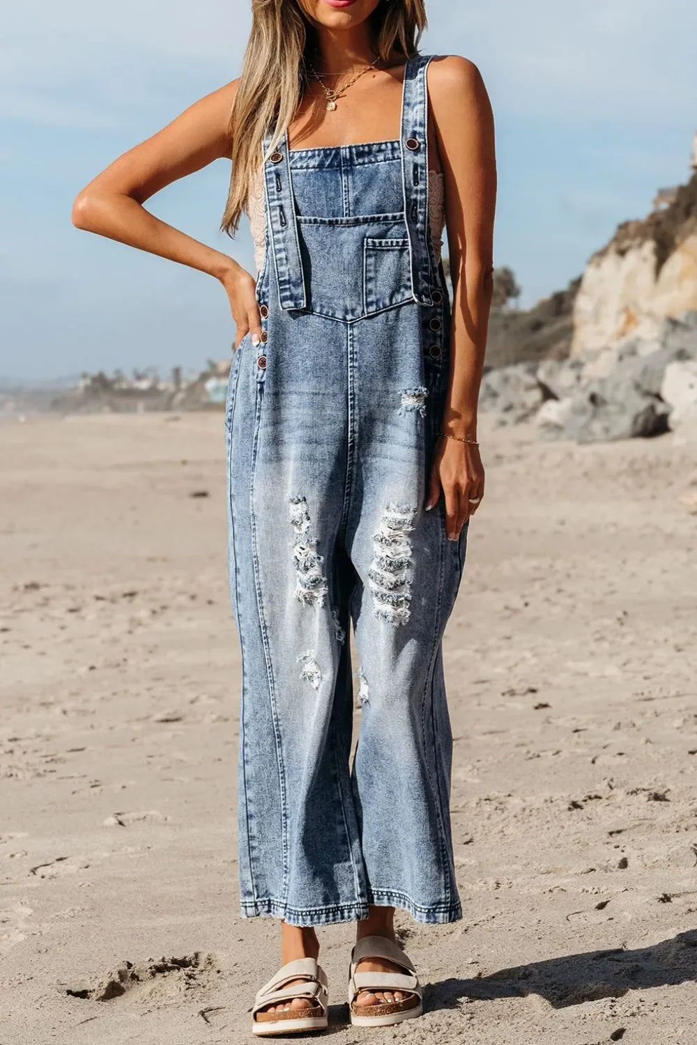 Distressed Bib Pocket Wide Leg Denim Overalls - tif-shop24.de