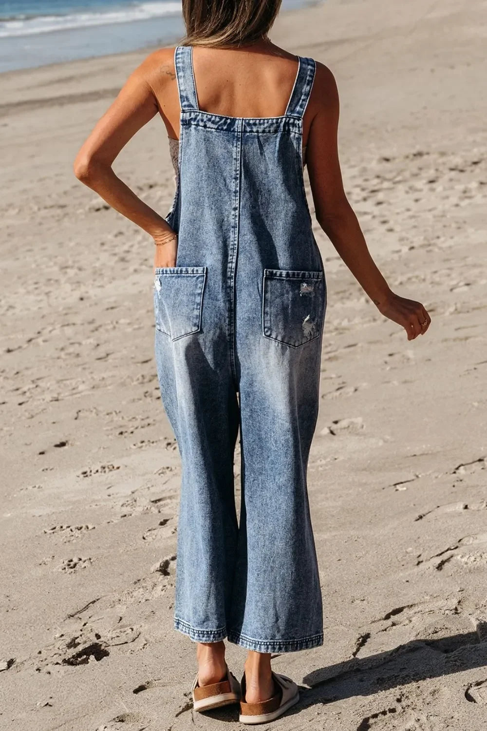 Distressed Bib Pocket Wide Leg Denim Overalls - tif-shop24.de