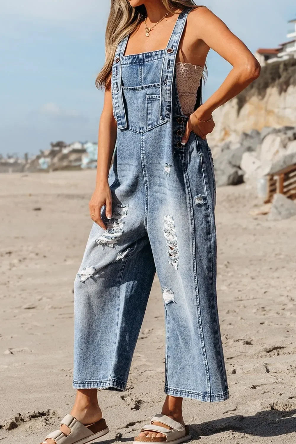 Distressed Bib Pocket Wide Leg Denim Overalls - tif-shop24.de