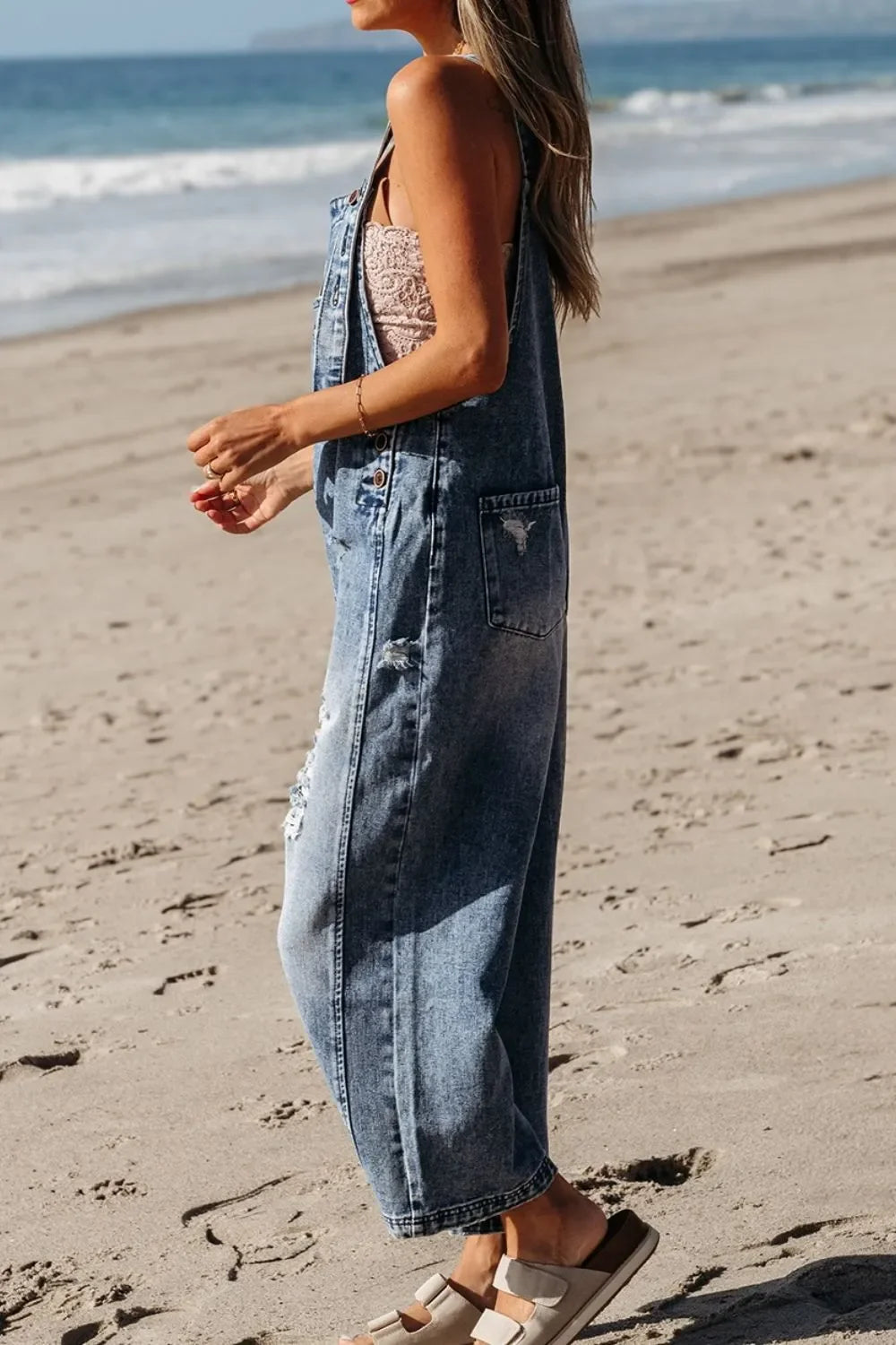 Distressed Bib Pocket Wide Leg Denim Overalls - tif-shop24.de