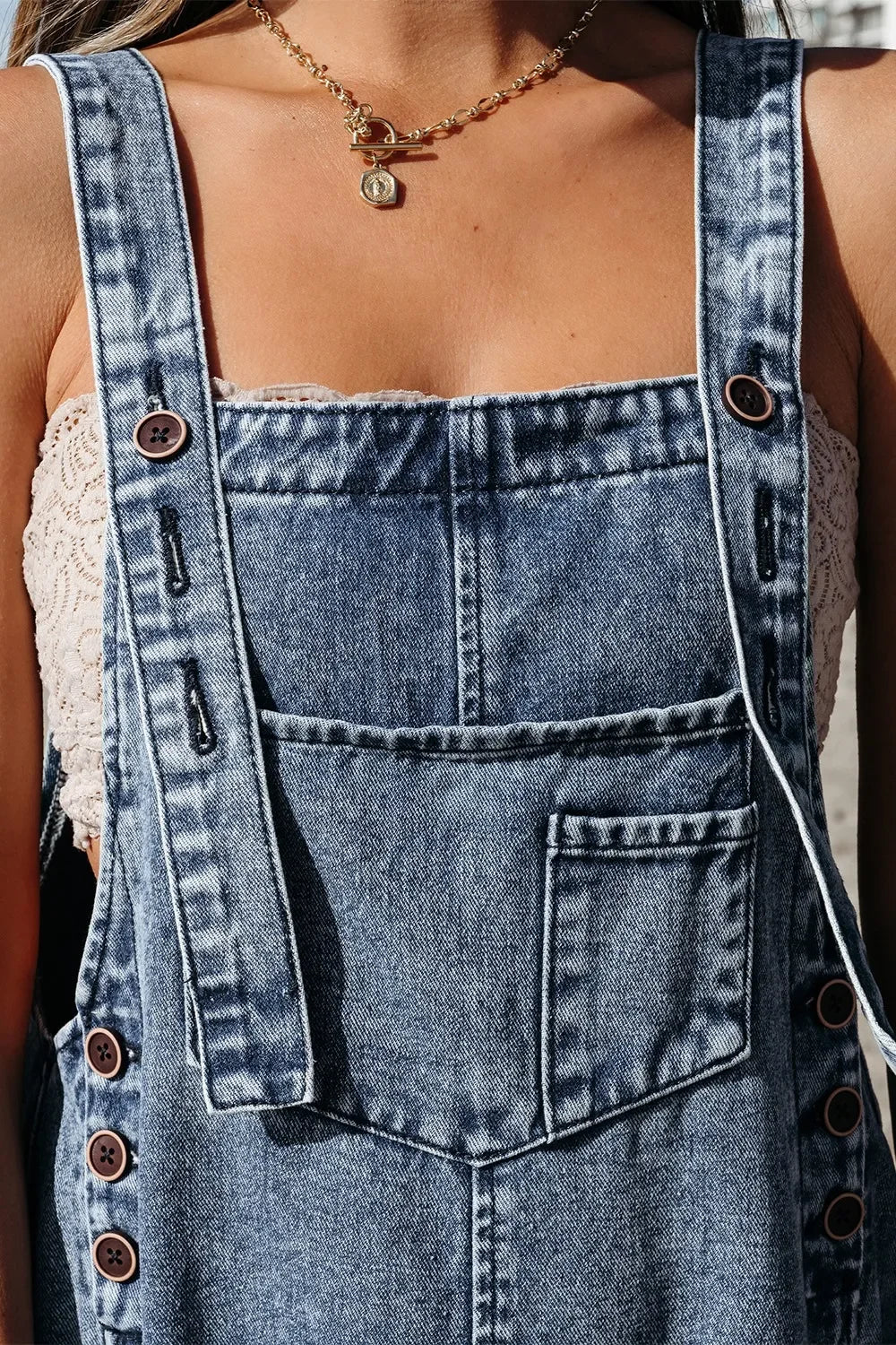 Distressed Bib Pocket Wide Leg Denim Overalls - tif-shop24.de