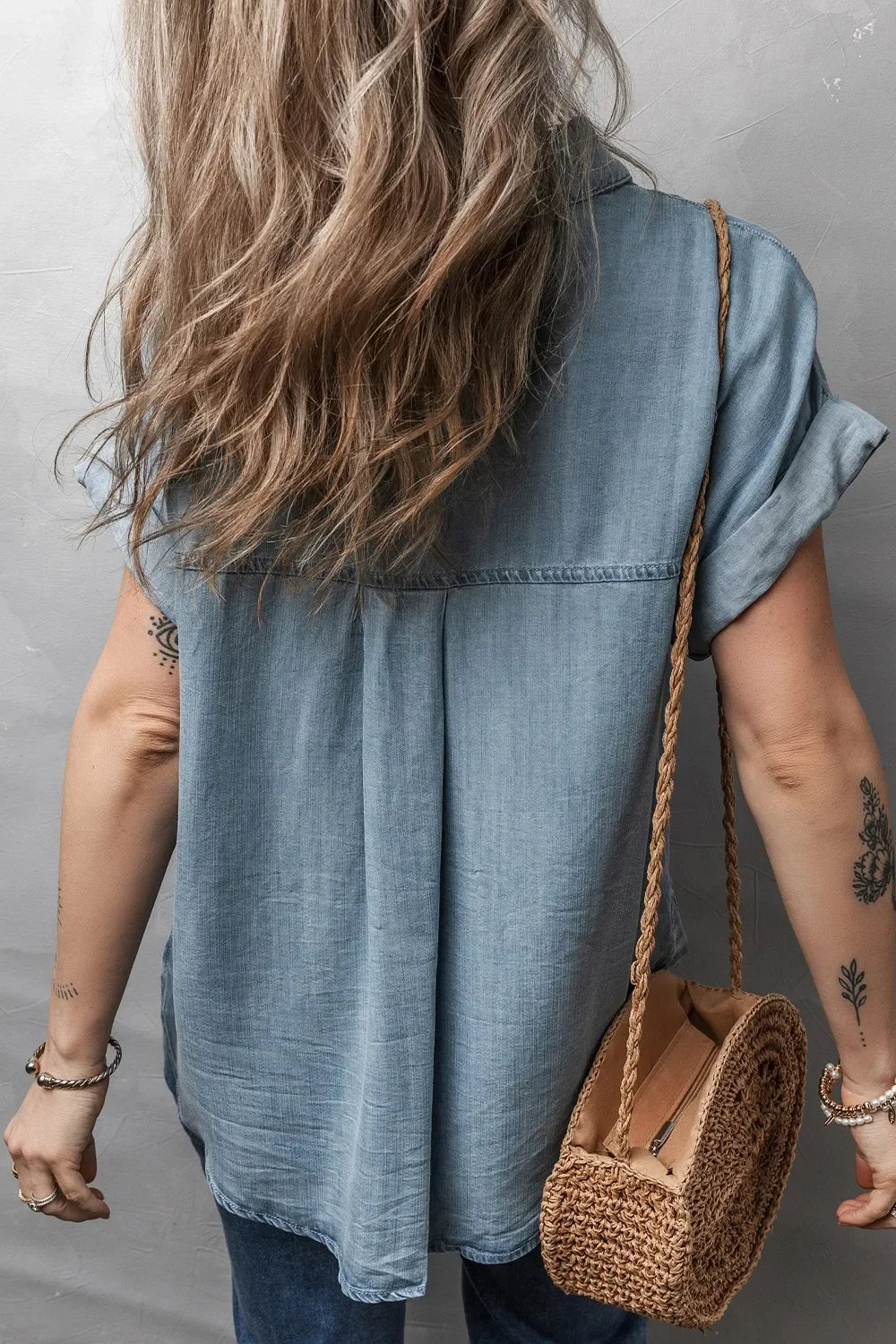 Folded Short Sleeve Patched Pocket Denim Shirt - tif-shop24.de