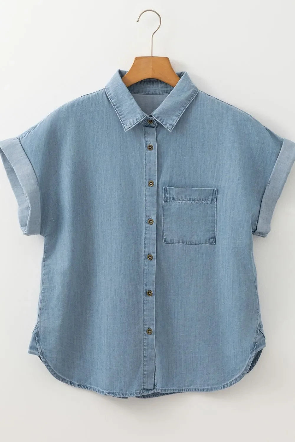 Folded Short Sleeve Patched Pocket Denim Shirt - tif-shop24.de