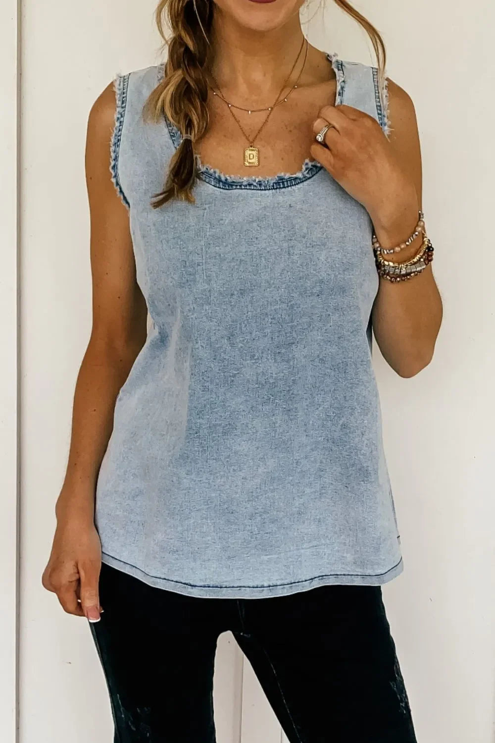 Mineral Wash Denim Frayed U Neck Sleeveless Top - tif-shop24.de