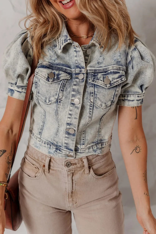 Wash Buttoned Chest Pocket Puff Sleeve Denim Jacket - tif-shop24.de
