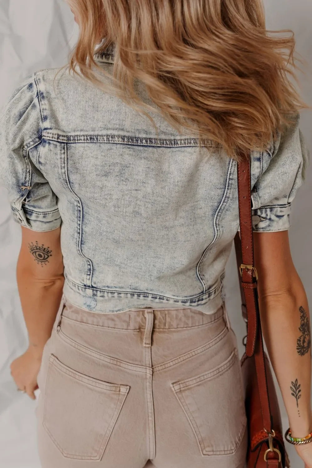 Wash Buttoned Chest Pocket Puff Sleeve Denim Jacket - tif-shop24.de