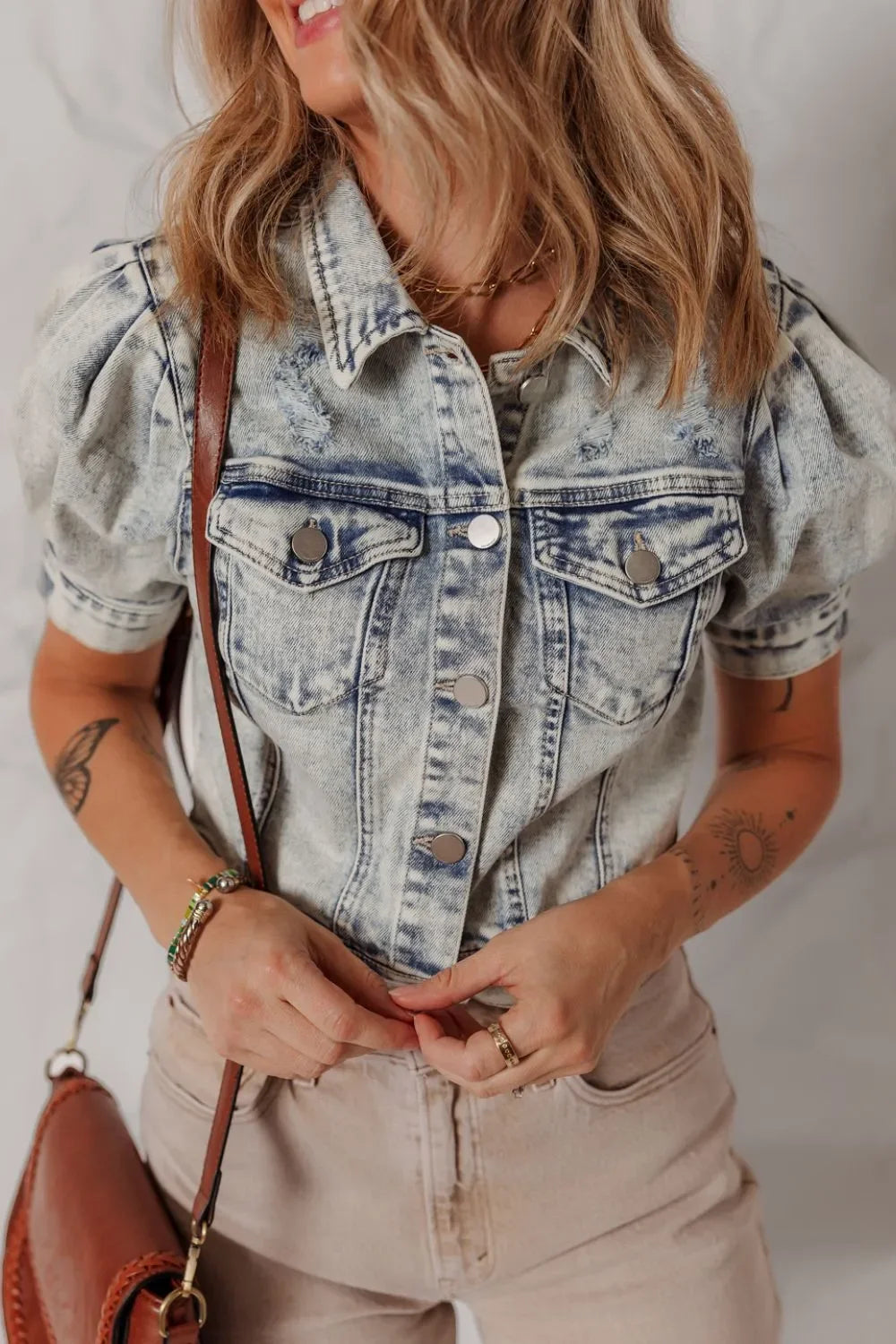 Wash Buttoned Chest Pocket Puff Sleeve Denim Jacket - tif-shop24.de