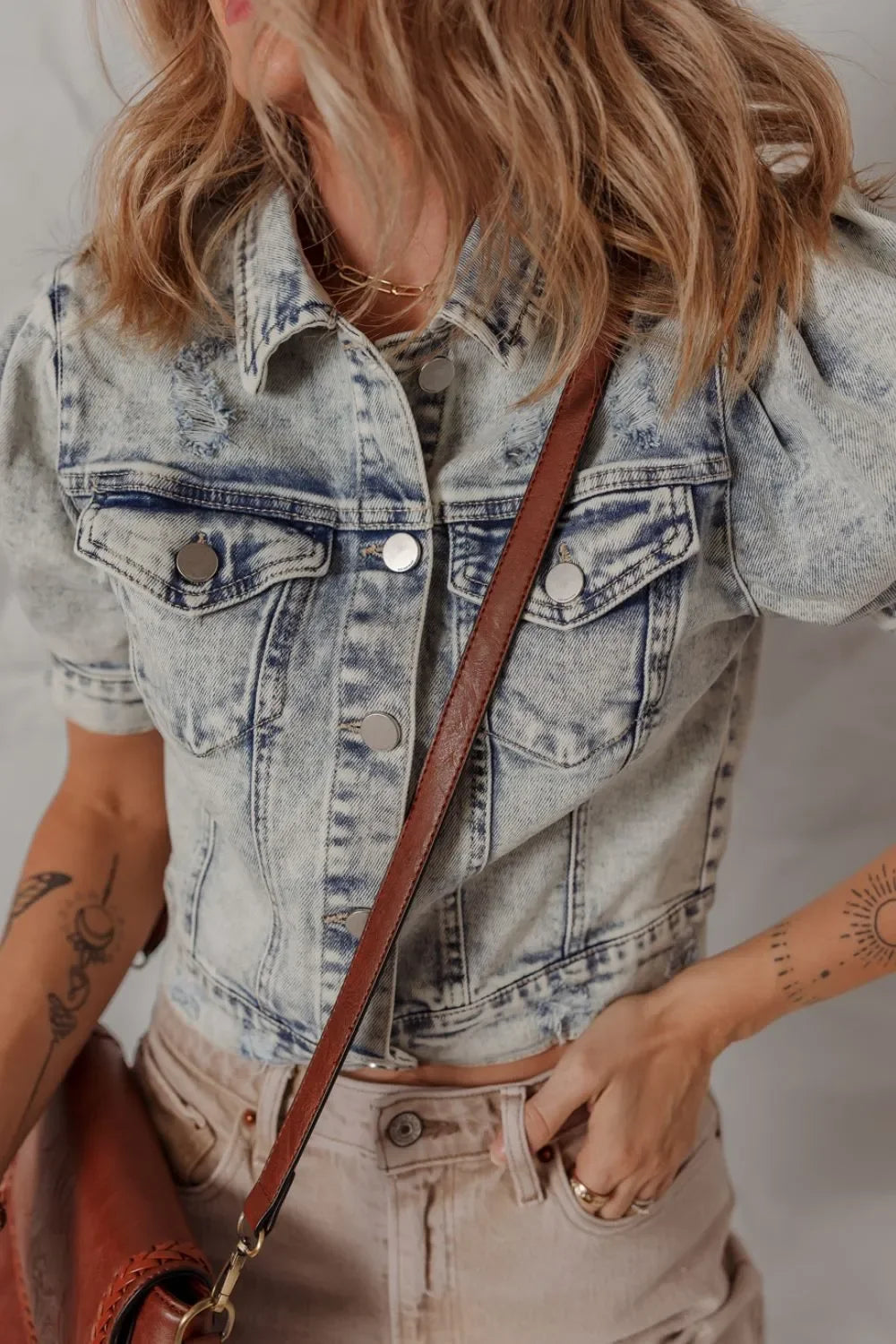 Wash Buttoned Chest Pocket Puff Sleeve Denim Jacket - tif-shop24.de