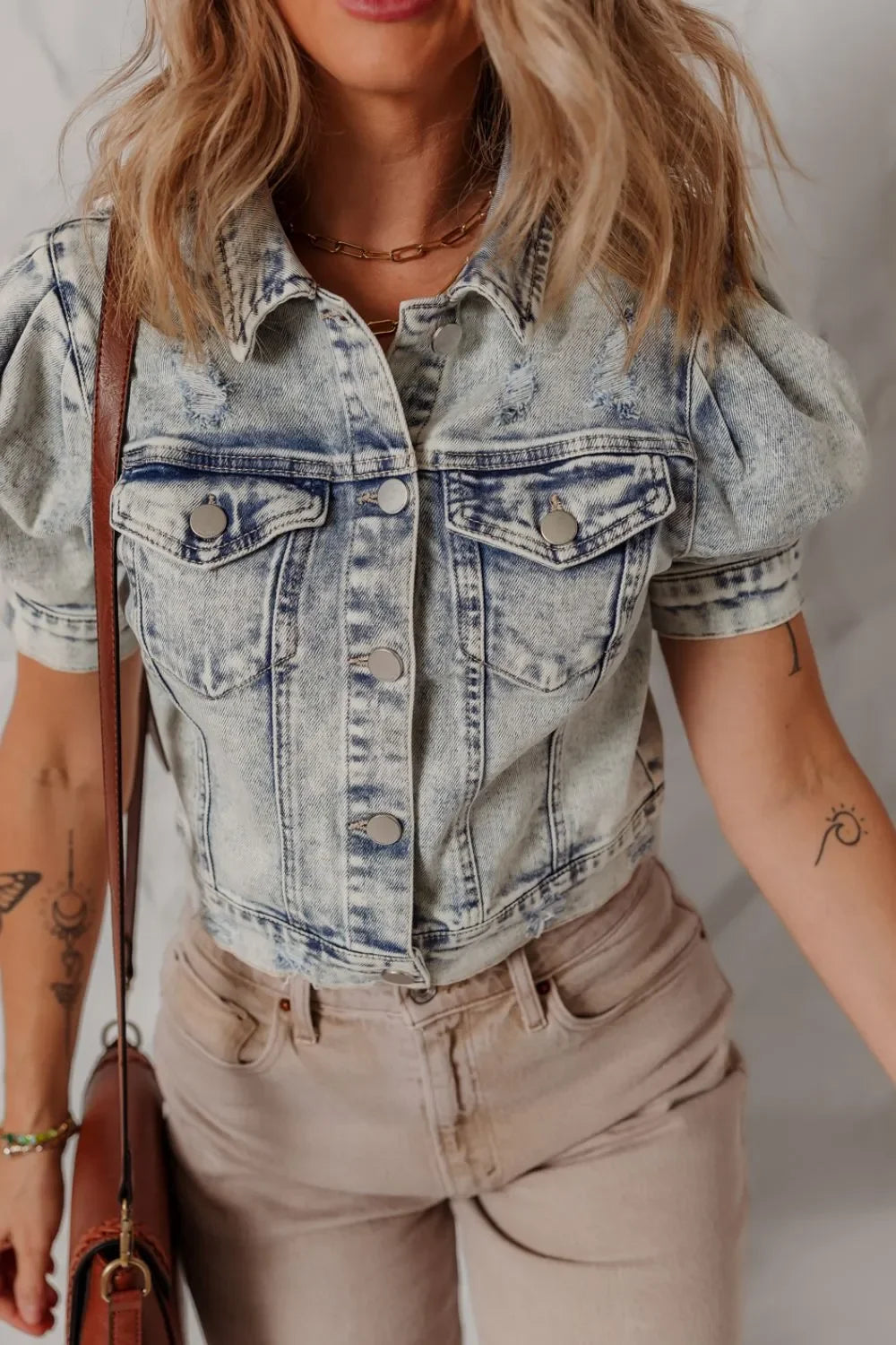 Wash Buttoned Chest Pocket Puff Sleeve Denim Jacket - tif-shop24.de