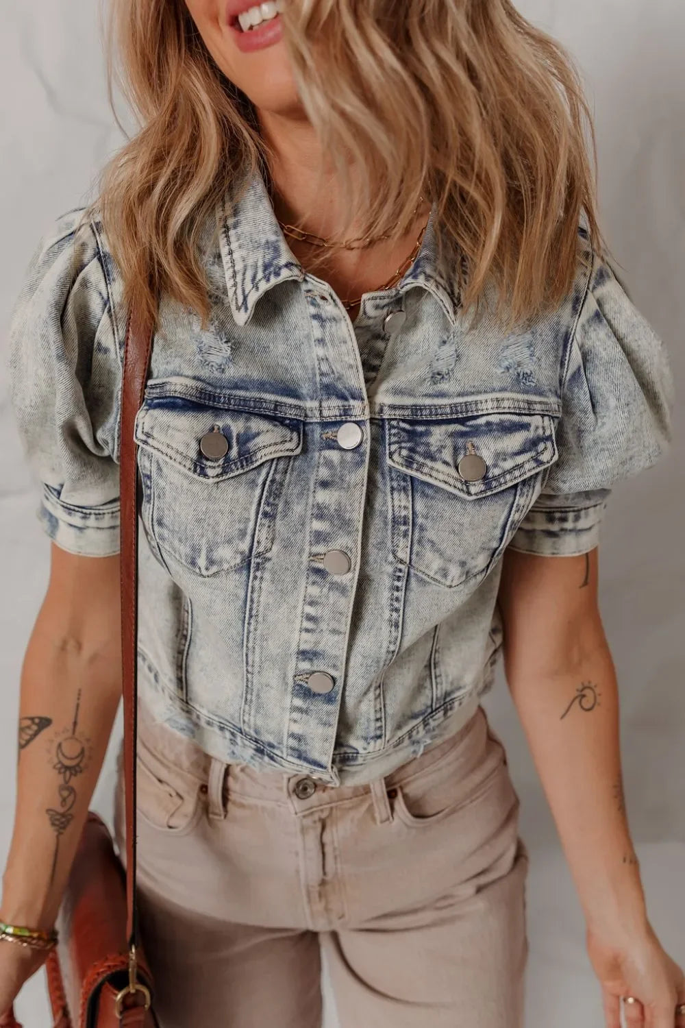 Wash Buttoned Chest Pocket Puff Sleeve Denim Jacket - tif-shop24.de