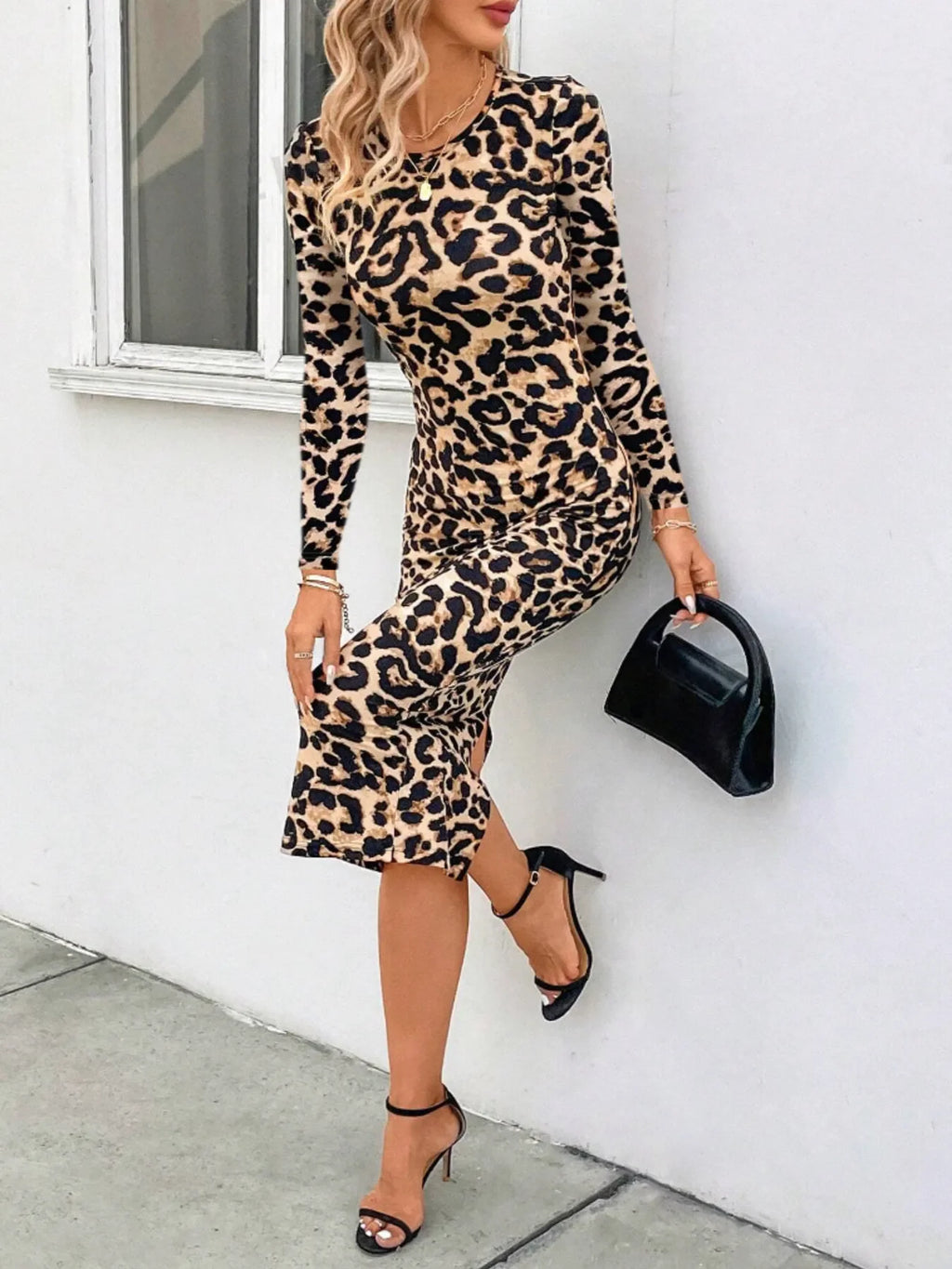 Leopard Print Long Sleeve Bodycon Midi Dress - tif-shop24.de