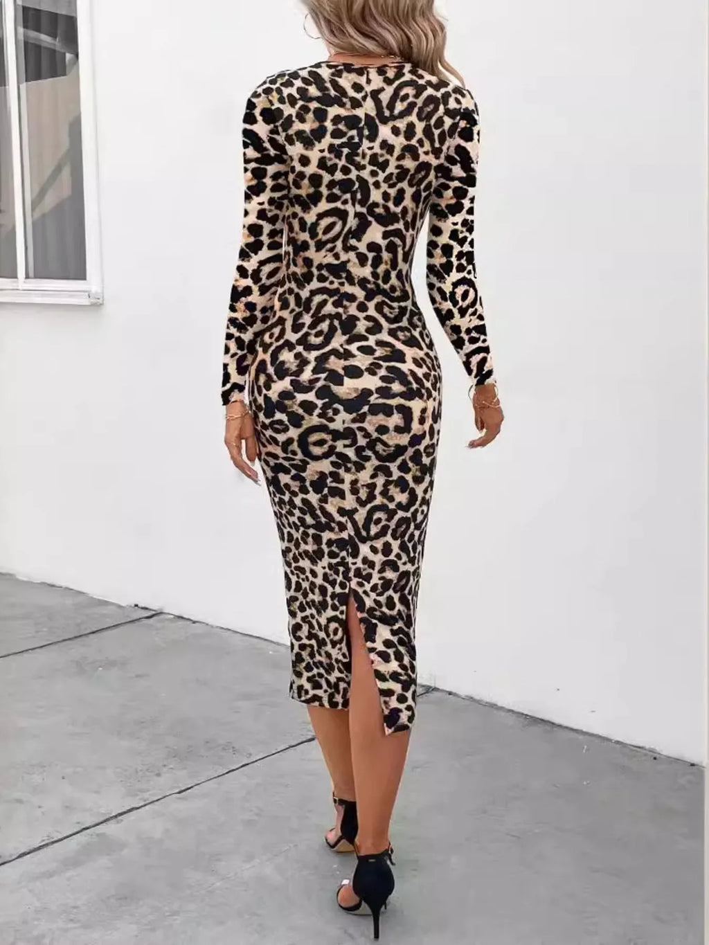 Leopard Print Long Sleeve Bodycon Midi Dress - tif-shop24.de
