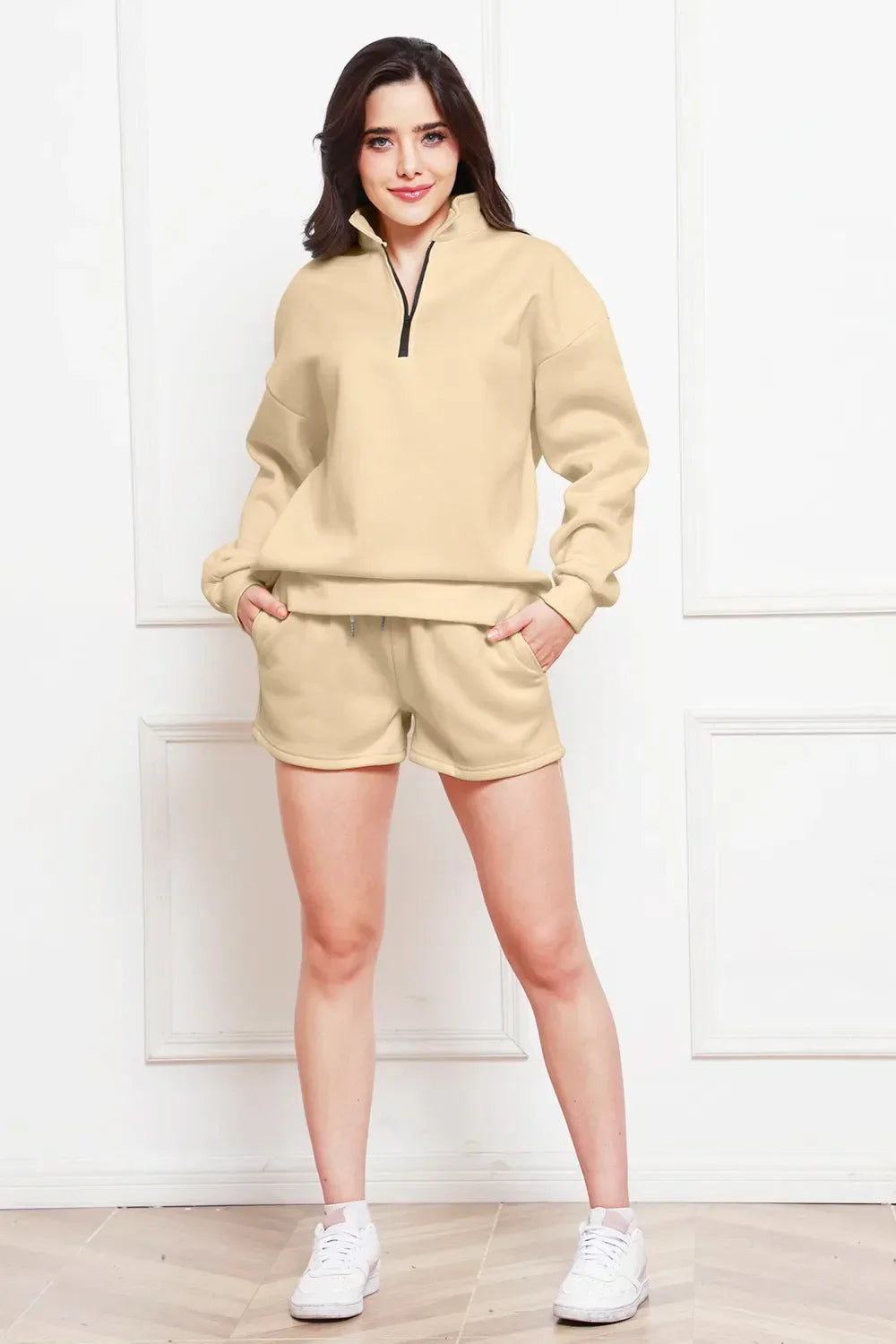 Half Zip Long Sleeve Sweatshirt and Drawstring Shorts Set - tif-shop24.de