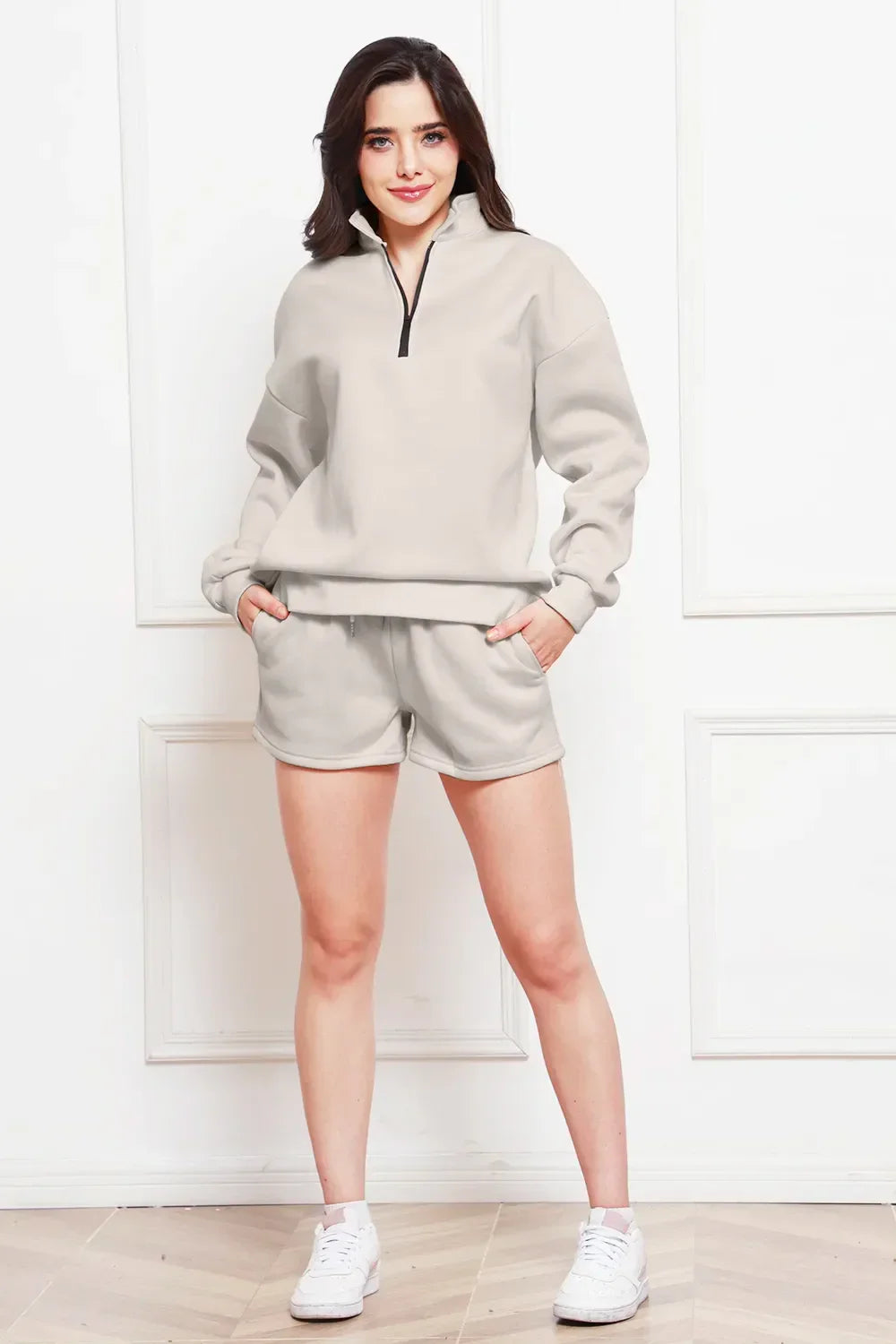 Half Zip Long Sleeve Sweatshirt and Drawstring Shorts Set - tif-shop24.de