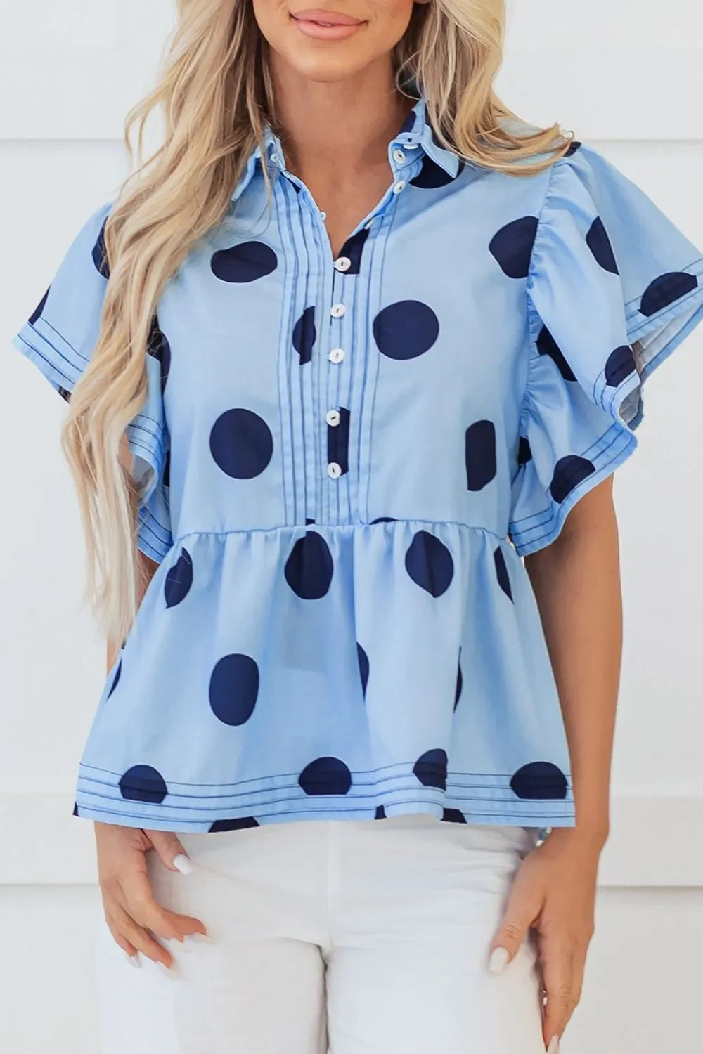 Polka Dot Print Ruffled Short Sleeve Buttoned Collared Blouse - tif-shop24.de