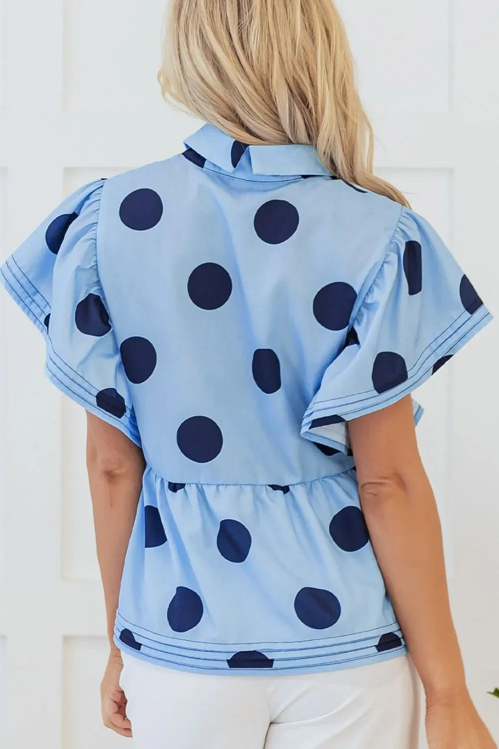 Polka Dot Print Ruffled Short Sleeve Buttoned Collared Blouse - tif-shop24.de