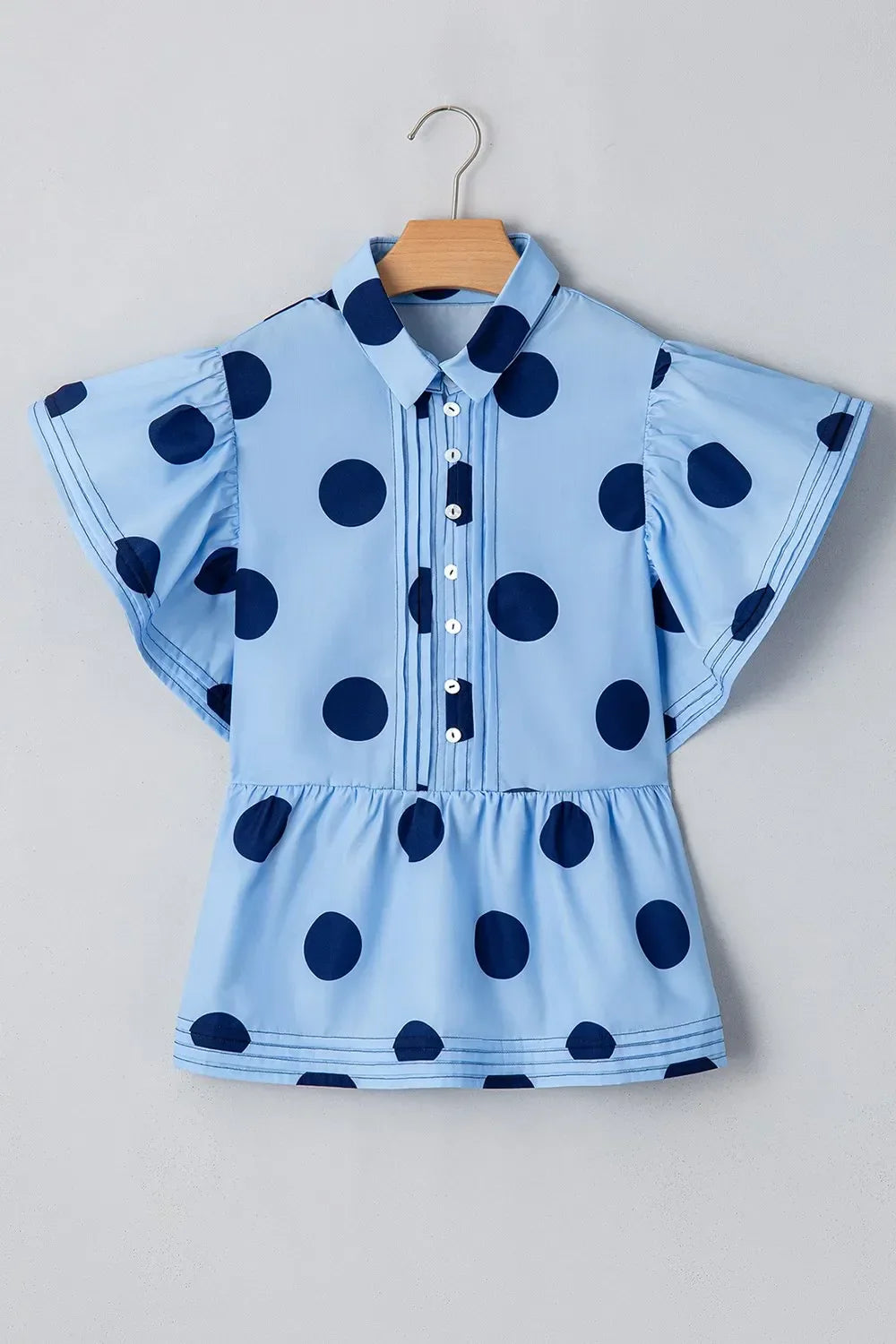 Polka Dot Print Ruffled Short Sleeve Buttoned Collared Blouse - tif-shop24.de