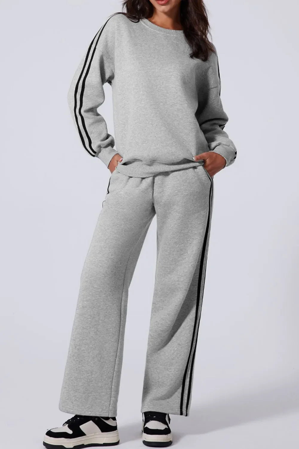 Side Striped Round Neck Top and Pants Active Set - tif-shop24.de