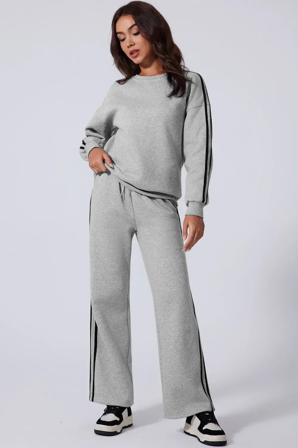 Side Striped Round Neck Top and Pants Active Set - tif-shop24.de
