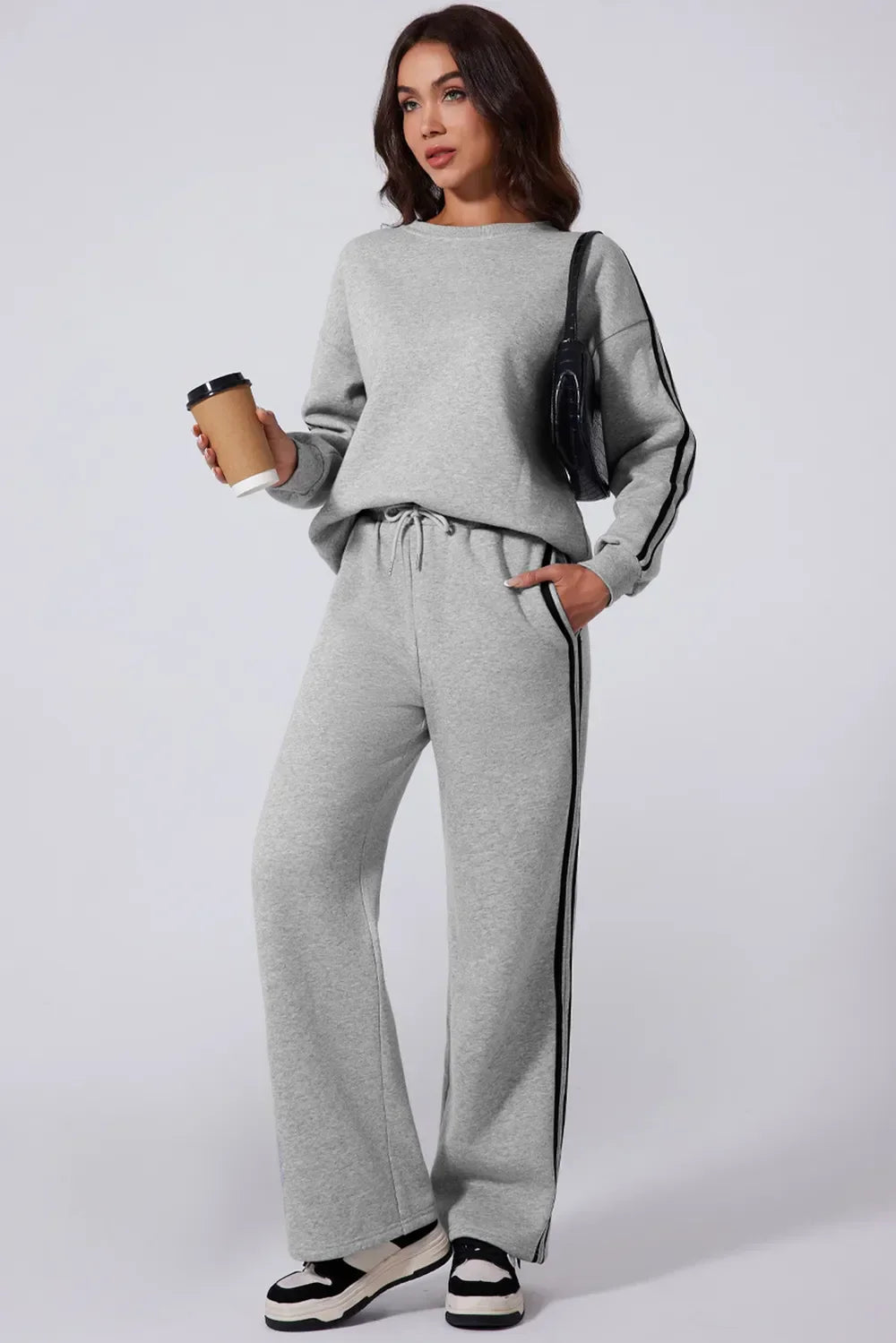 Side Striped Round Neck Top and Pants Active Set - tif-shop24.de