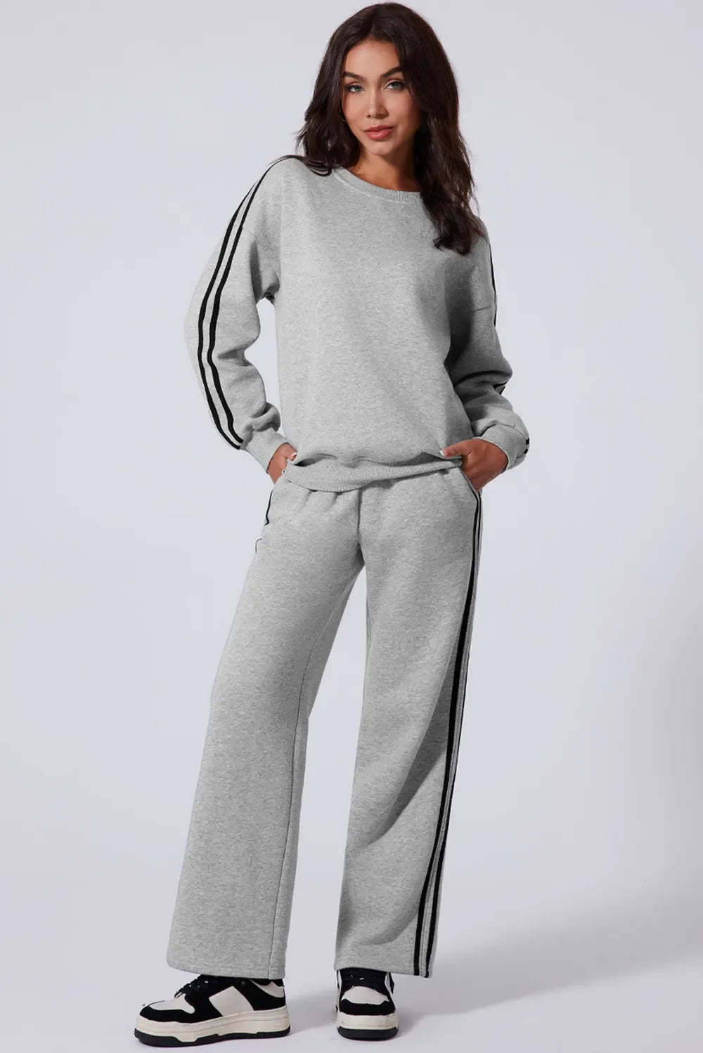 Side Striped Round Neck Top and Pants Active Set - tif-shop24.de