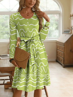 Wave Print Long Sleeve Tie Waist Dress - tif-shop24.de