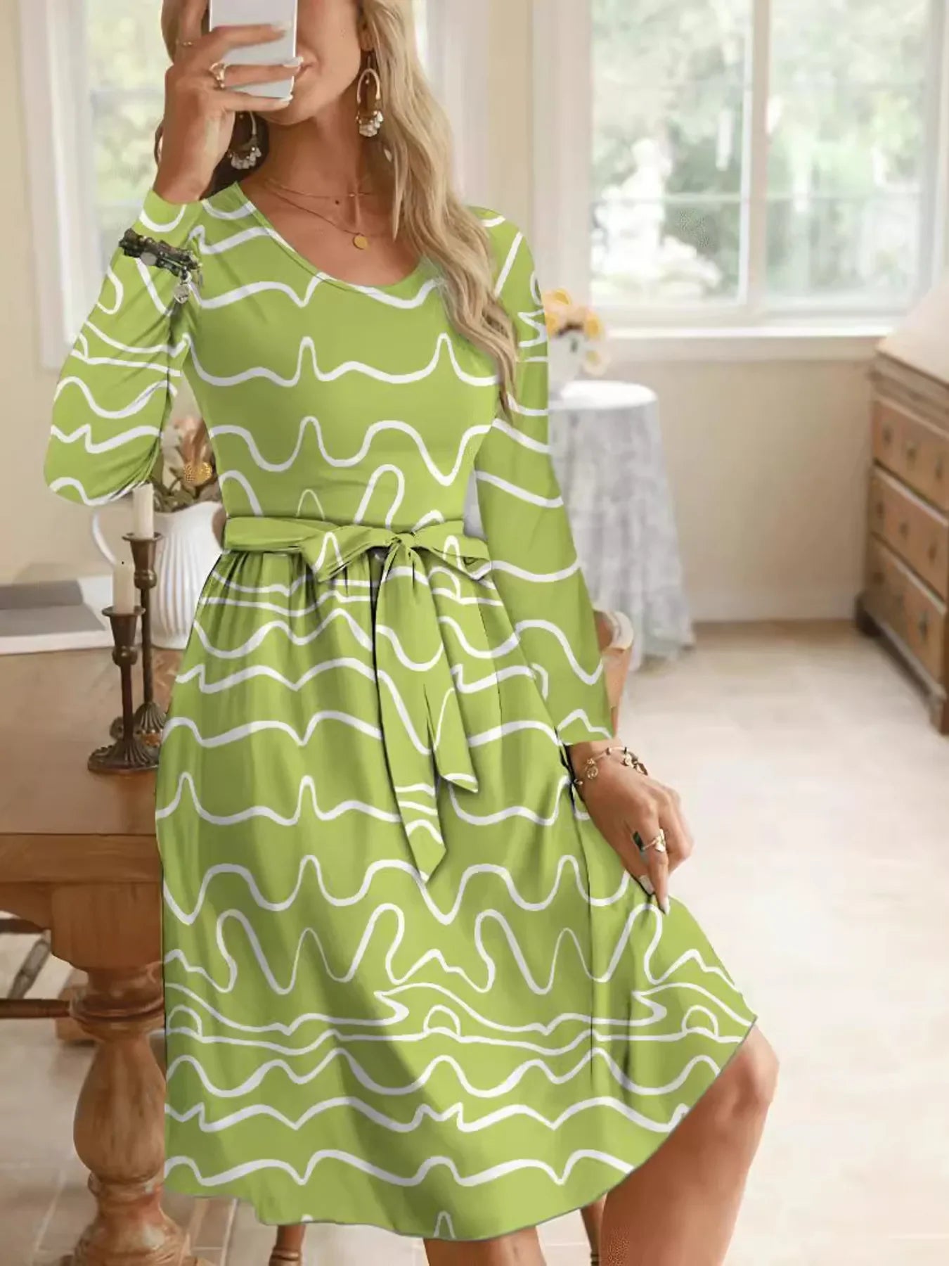 Wave Print Long Sleeve Tie Waist Dress - tif-shop24.de