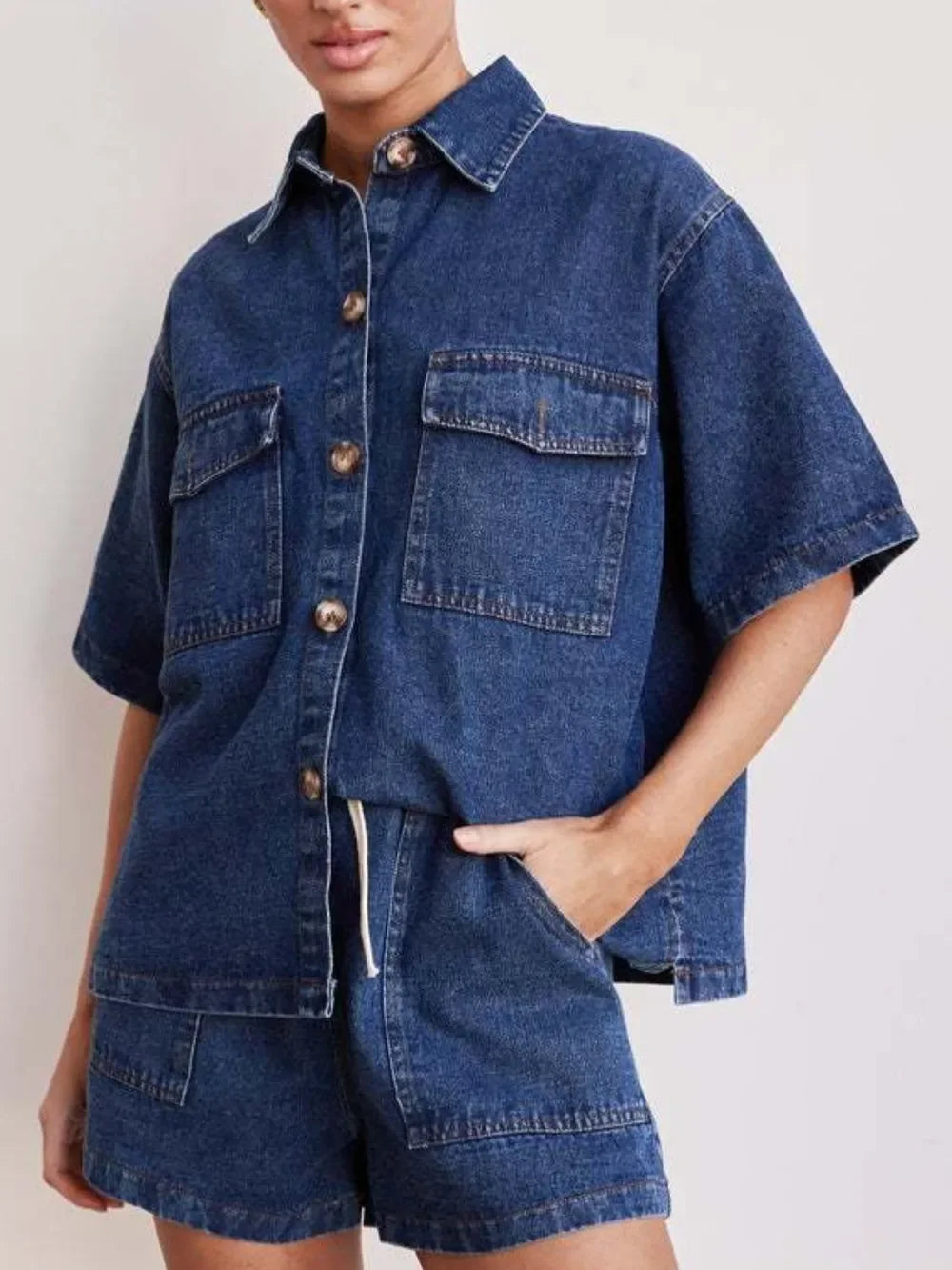 Button Up Half Sleeve Denim Shirt - tif-shop24.de
