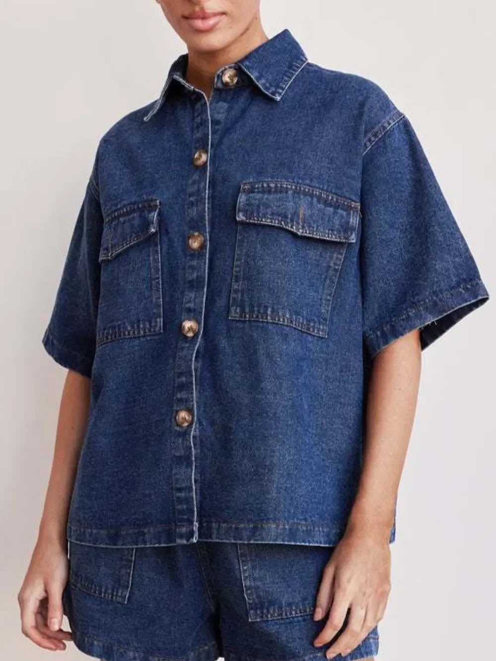 Button Up Half Sleeve Denim Shirt - tif-shop24.de