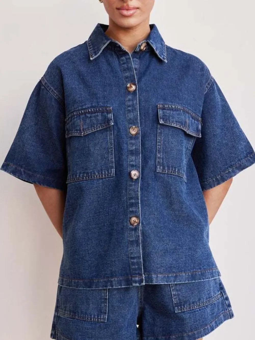 Button Up Half Sleeve Denim Shirt - tif-shop24.de