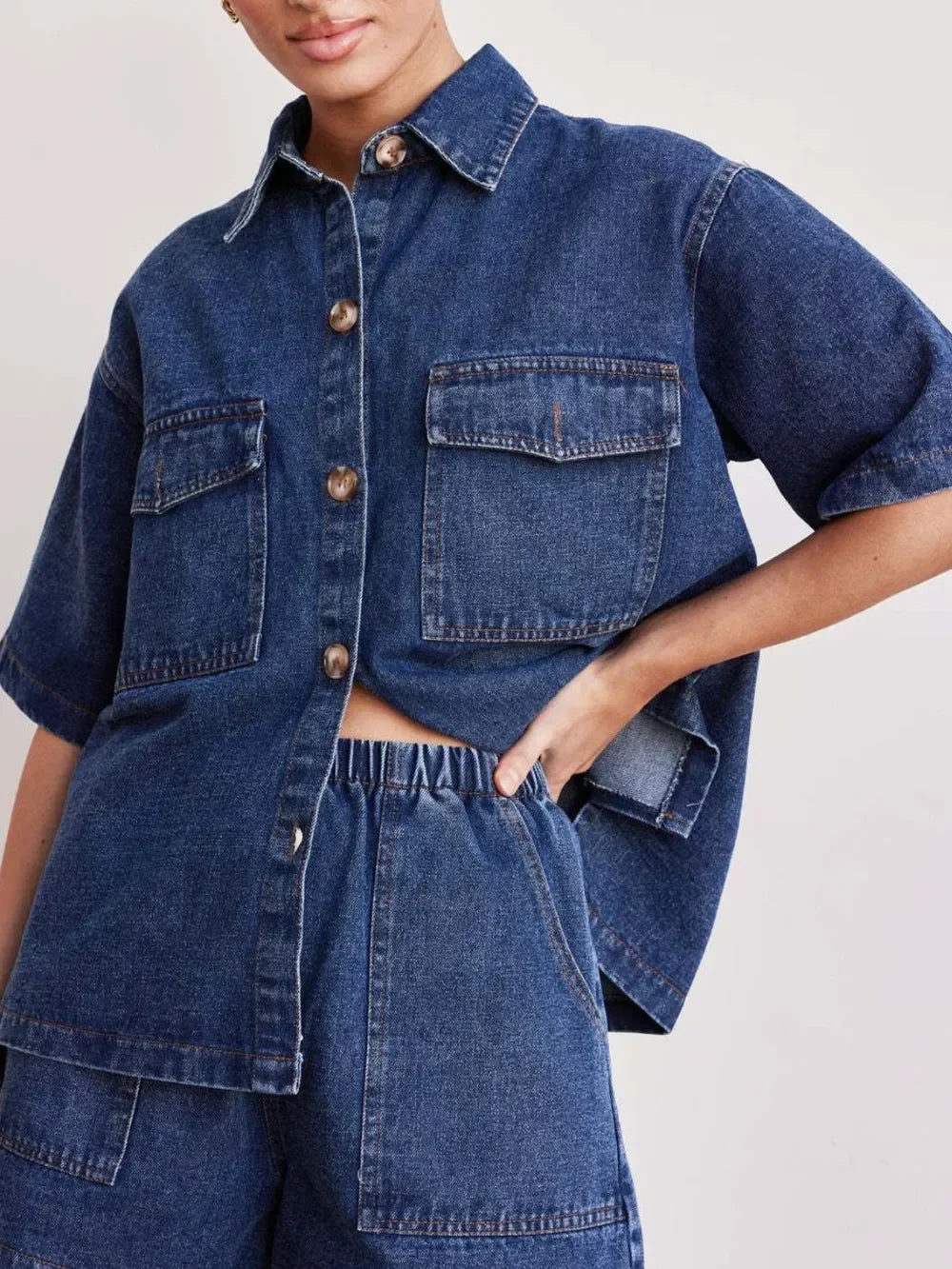 Button Up Half Sleeve Denim Shirt - tif-shop24.de