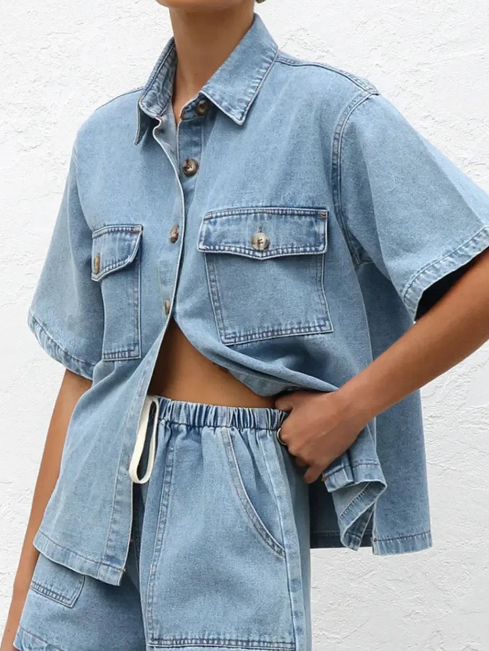 Button Up Half Sleeve Denim Shirt - tif-shop24.de