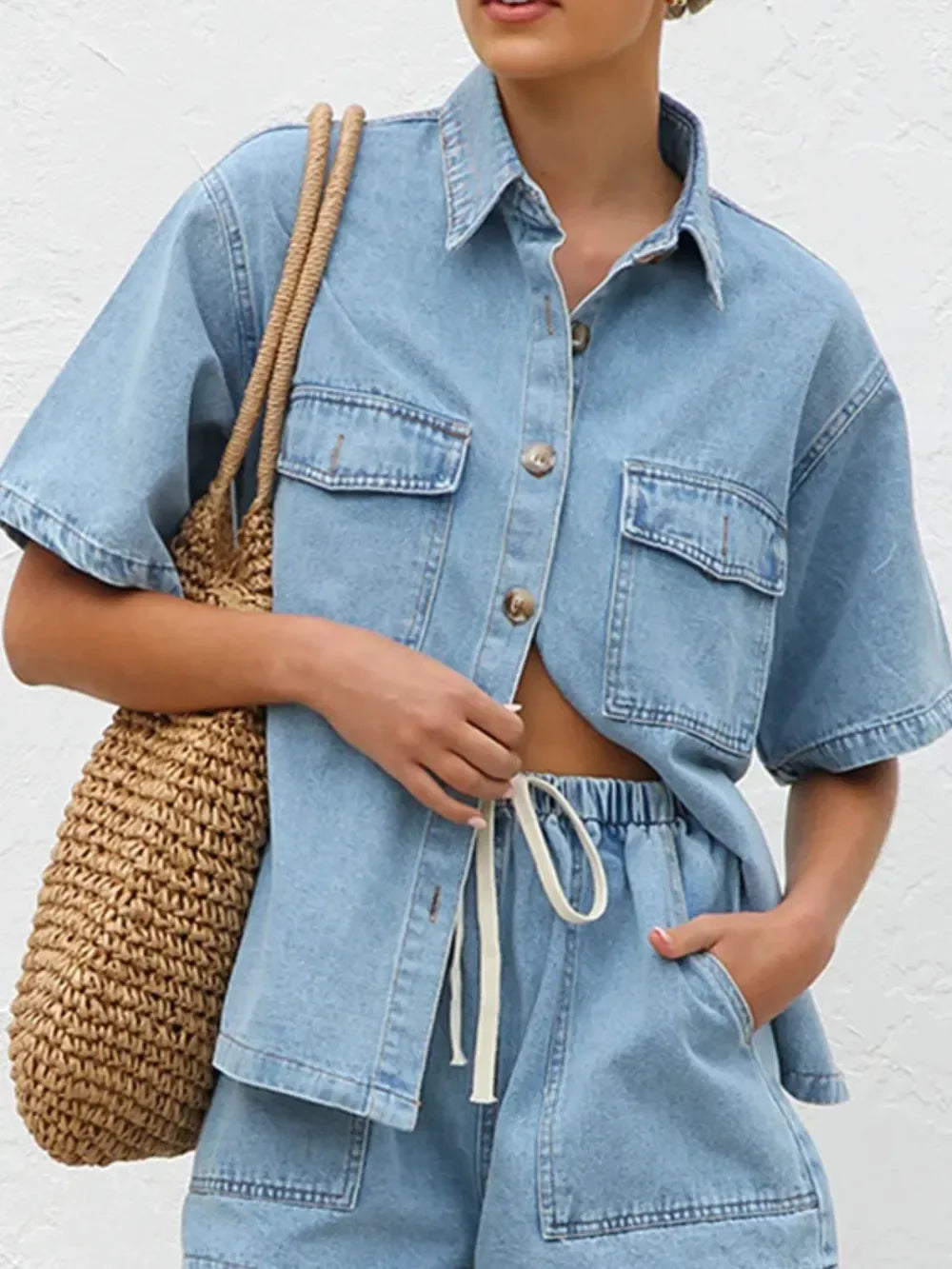 Button Up Half Sleeve Denim Shirt - tif-shop24.de