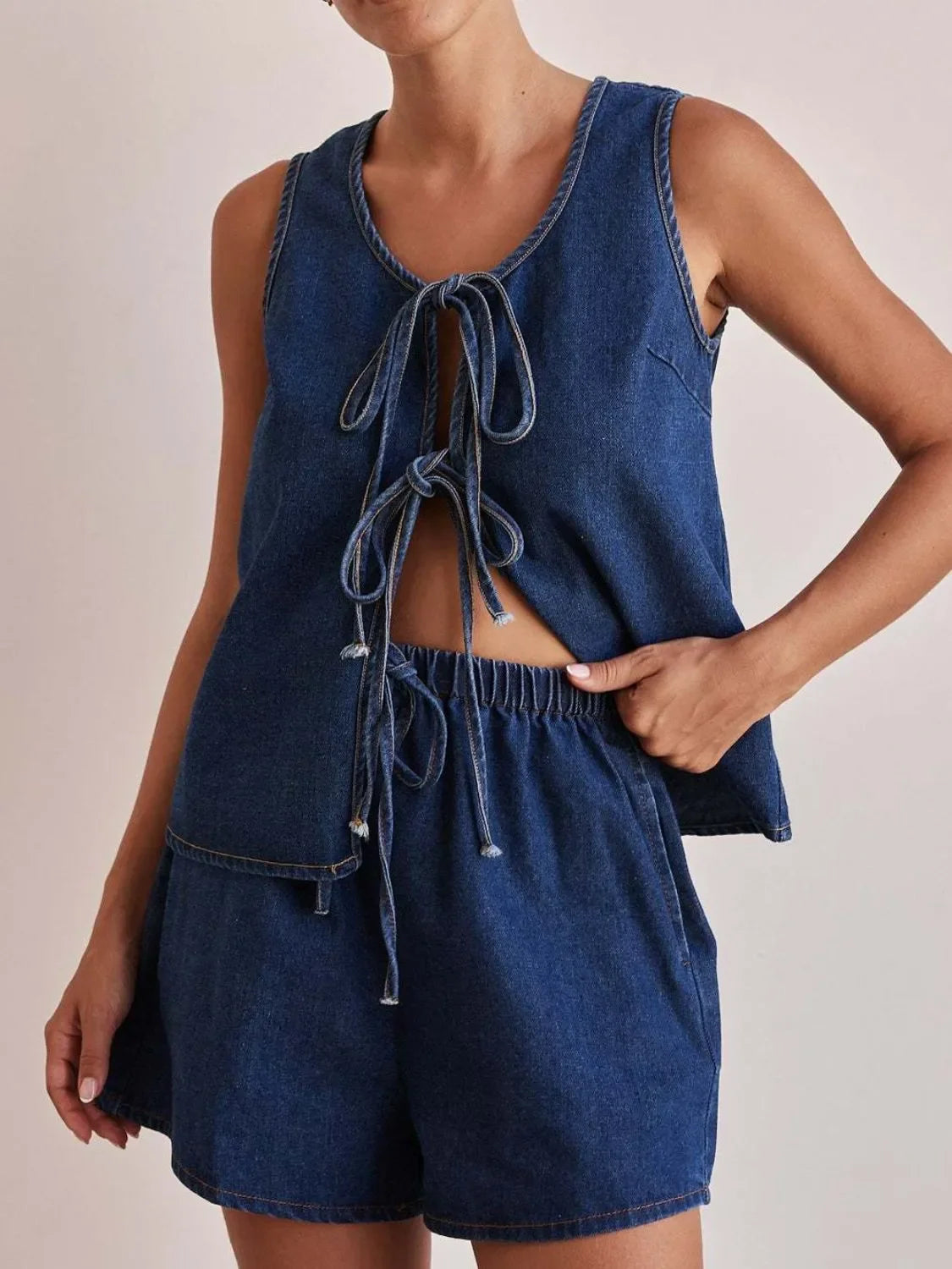 Tie Front Vest and Shorts Denim Set - tif-shop24.de