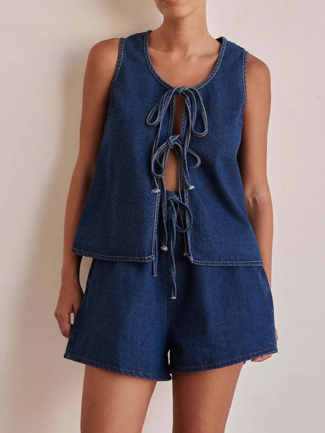 Tie Front Vest and Shorts Denim Set - tif-shop24.de
