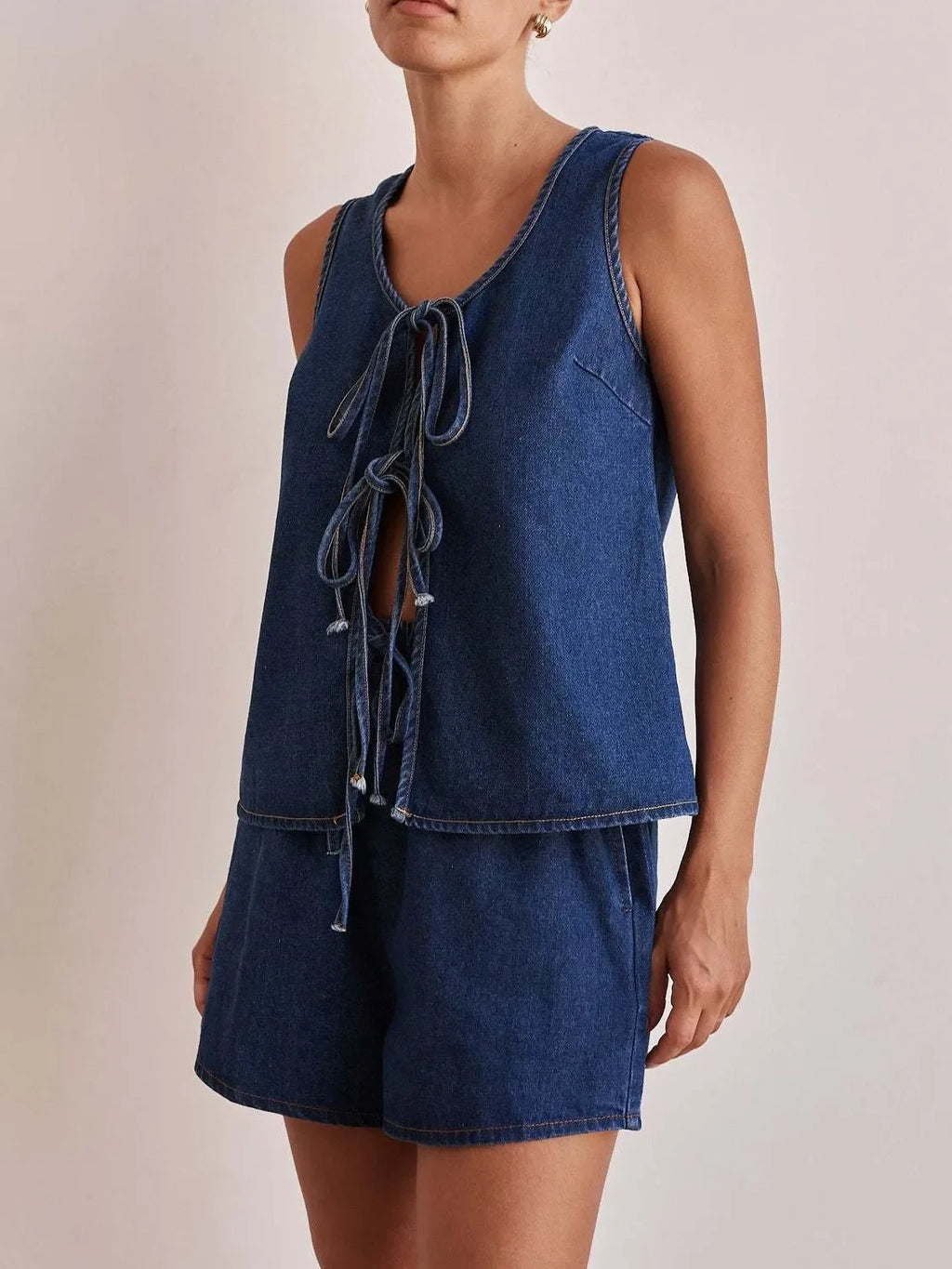 Tie Front Vest and Shorts Denim Set - tif-shop24.de