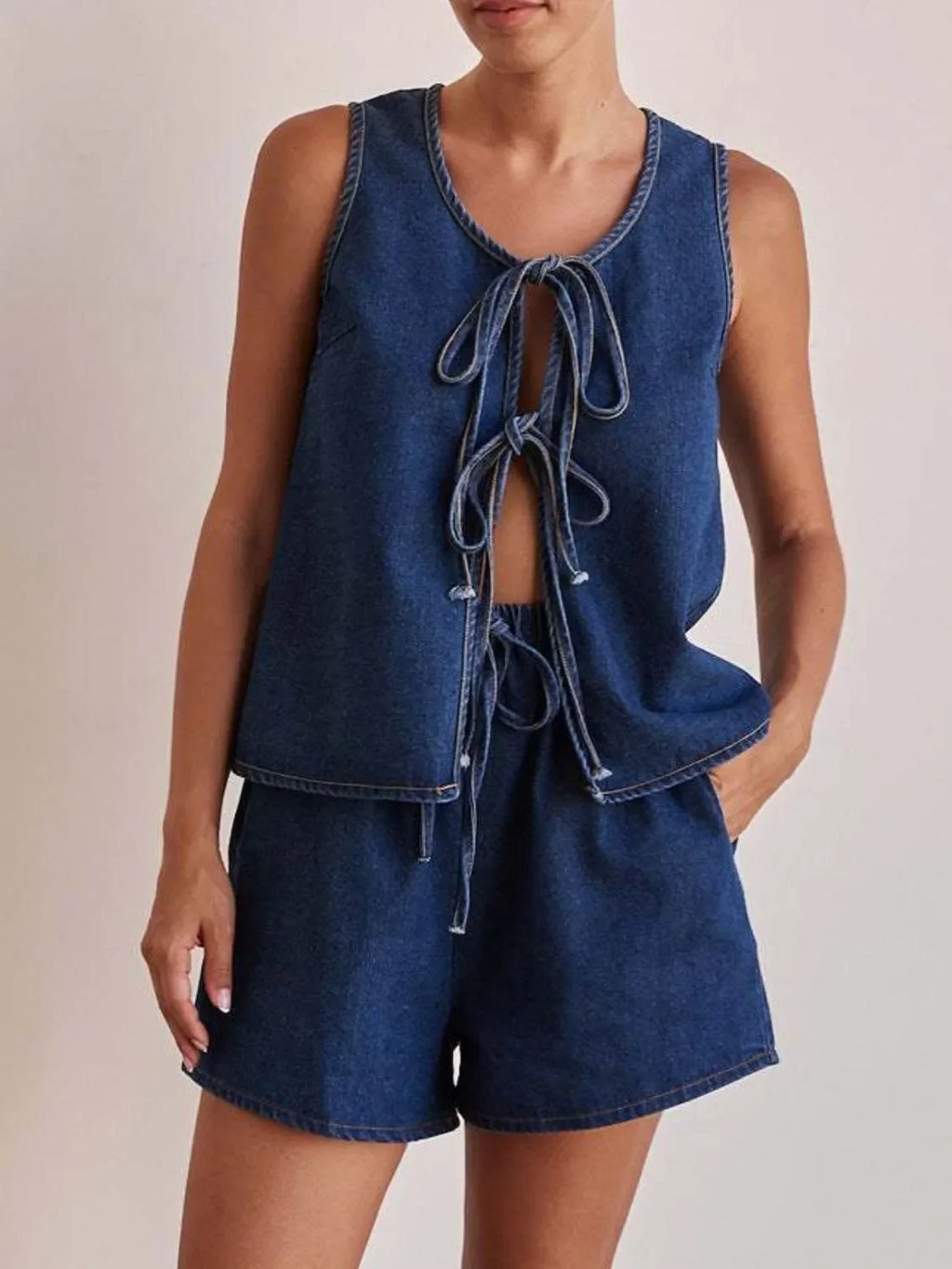 Tie Front Vest and Shorts Denim Set - tif-shop24.de