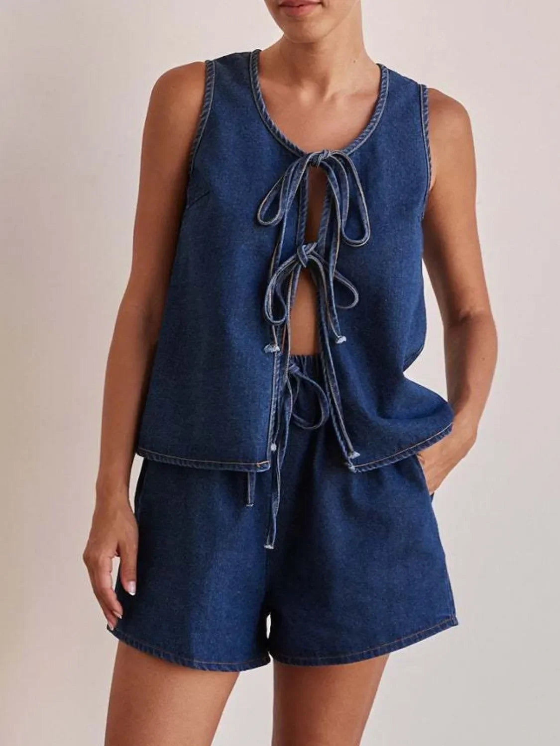 Tie Front Vest and Shorts Denim Set - tif-shop24.de