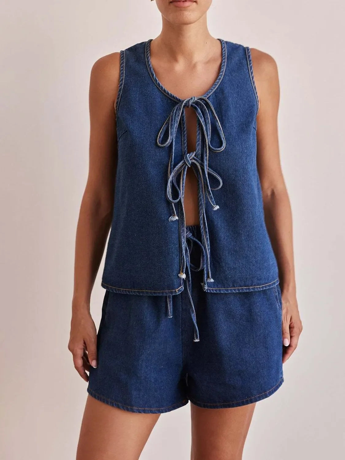 Tie Front Vest and Shorts Denim Set - tif-shop24.de