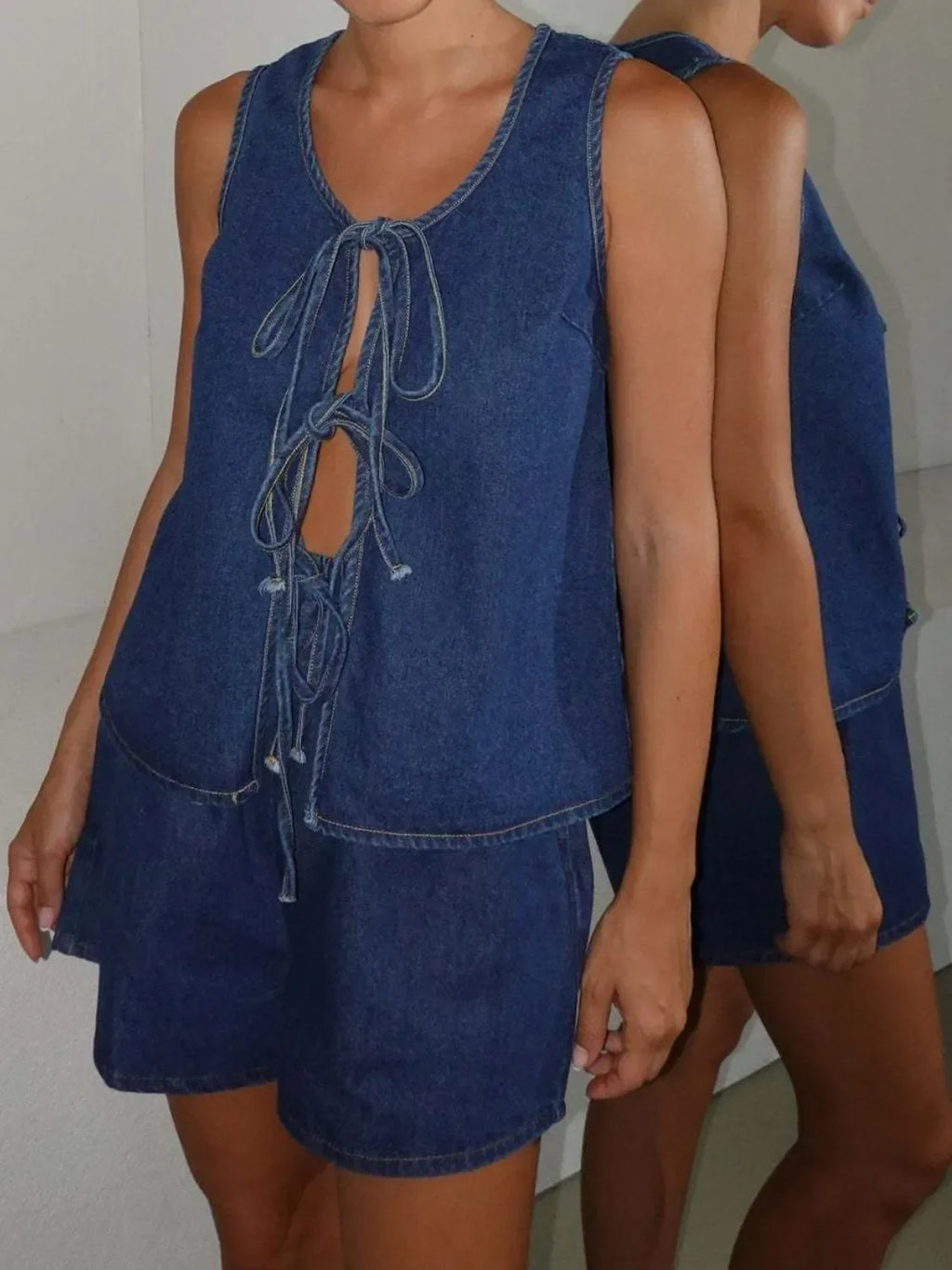 Tie Front Vest and Shorts Denim Set - tif-shop24.de