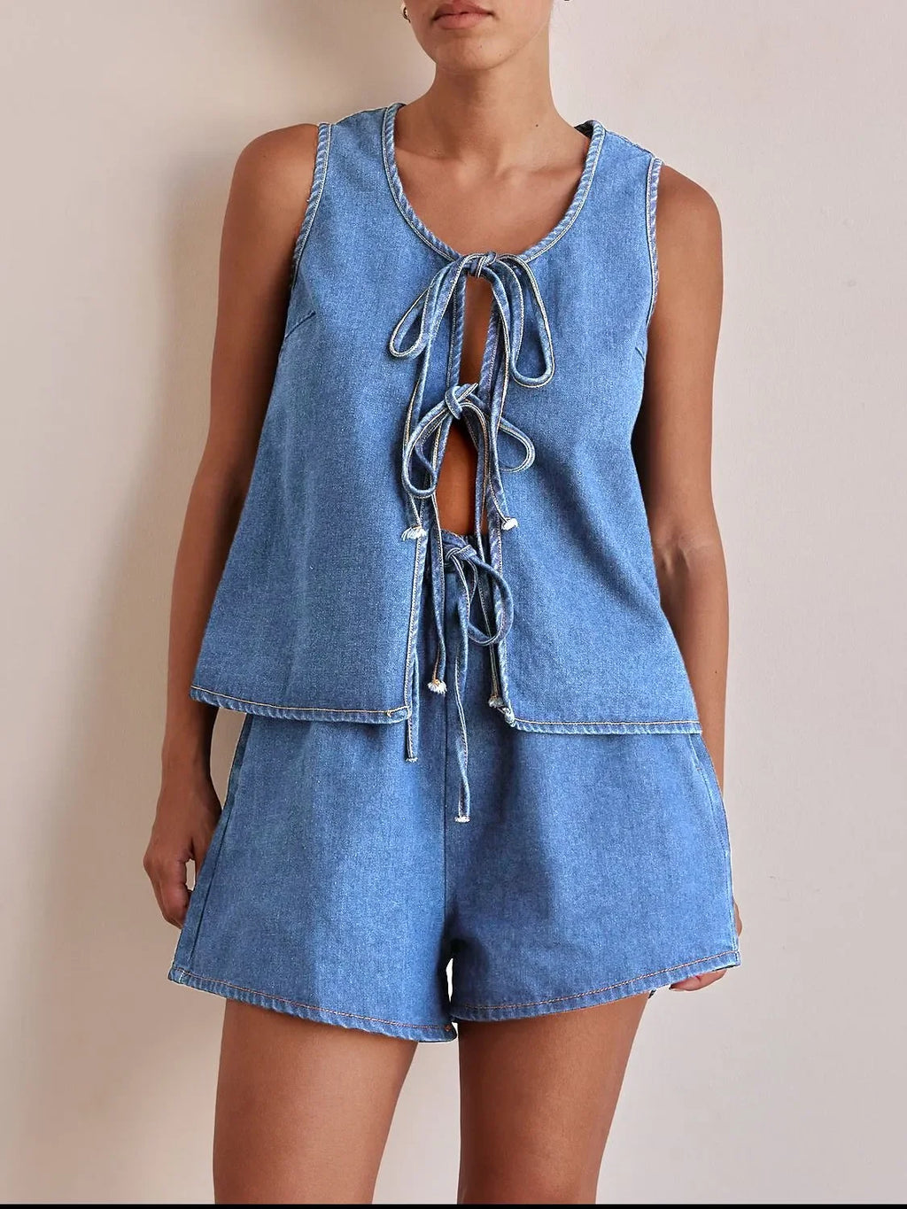 Tie Front Vest and Shorts Denim Set - tif-shop24.de